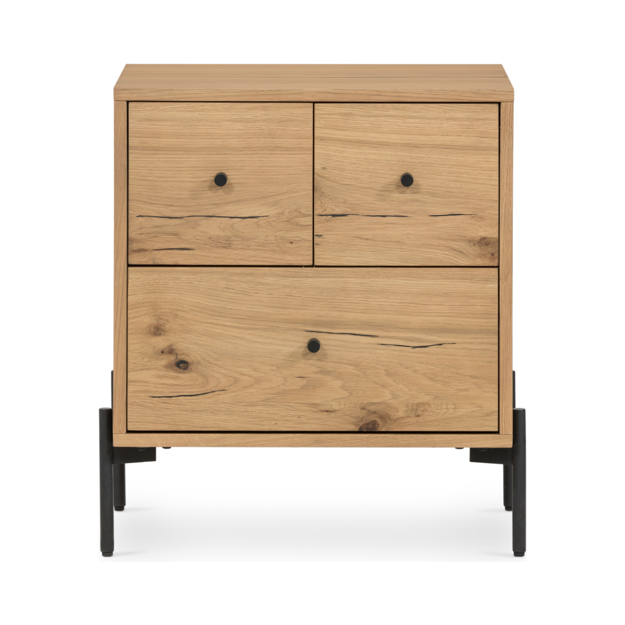 This Eaton Nightstand - Light Oak has a gorgeous, thick oak veneer with thin, iron legs. With one large drawer and two smaller drawers, this is the perfect nightstand to complete your bedroom.   Overall Dimensions: 23.50"w x 18.50"d x 26.00"h Colors: Dark Gunmetal, Light Oak Resin Materials: Iron, Thick Oak Veneer