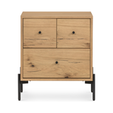 This Eaton Nightstand - Light Oak has a gorgeous, thick oak veneer with thin, iron legs. With one large drawer and two smaller drawers, this is the perfect nightstand to complete your bedroom.   Overall Dimensions: 23.50"w x 18.50"d x 26.00"h Colors: Dark Gunmetal, Light Oak Resin Materials: Iron, Thick Oak Veneer
