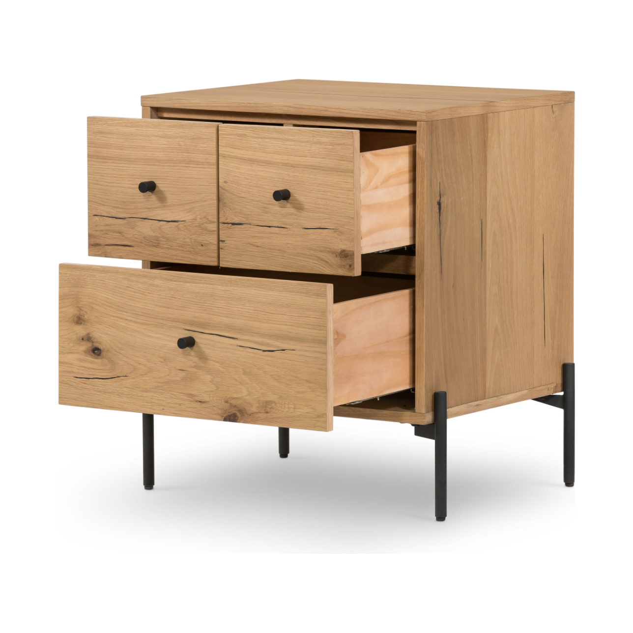 This Eaton Nightstand - Light Oak has a gorgeous, thick oak veneer with thin, iron legs. With one large drawer and two smaller drawers, this is the perfect nightstand to complete your bedroom.   Overall Dimensions: 23.50"w x 18.50"d x 26.00"h Colors: Dark Gunmetal, Light Oak Resin Materials: Iron, Thick Oak Veneer