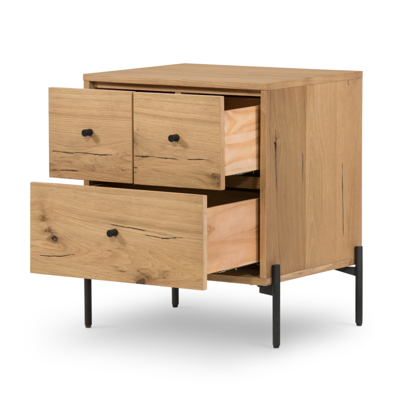 This Eaton Nightstand - Light Oak has a gorgeous, thick oak veneer with thin, iron legs. With one large drawer and two smaller drawers, this is the perfect nightstand to complete your bedroom.   Overall Dimensions: 23.50"w x 18.50"d x 26.00"h Colors: Dark Gunmetal, Light Oak Resin Materials: Iron, Thick Oak Veneer