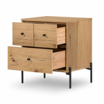 This Eaton Nightstand - Light Oak has a gorgeous, thick oak veneer with thin, iron legs. With one large drawer and two smaller drawers, this is the perfect nightstand to complete your bedroom.   Overall Dimensions: 23.50"w x 18.50"d x 26.00"h Colors: Dark Gunmetal, Light Oak Resin Materials: Iron, Thick Oak Veneer