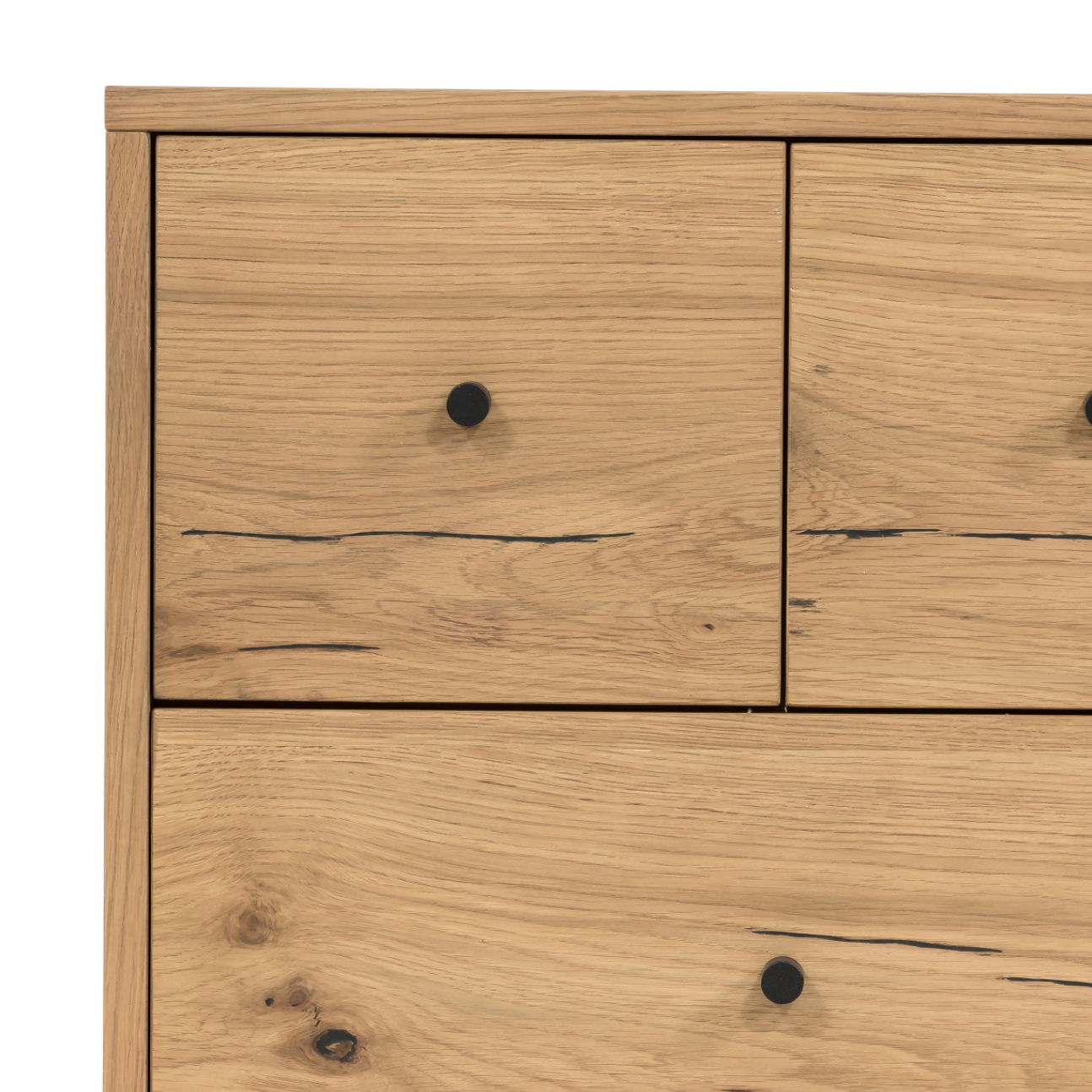 This Eaton Nightstand - Light Oak has a gorgeous, thick oak veneer with thin, iron legs. With one large drawer and two smaller drawers, this is the perfect nightstand to complete your bedroom.   Overall Dimensions: 23.50"w x 18.50"d x 26.00"h Colors: Dark Gunmetal, Light Oak Resin Materials: Iron, Thick Oak Veneer