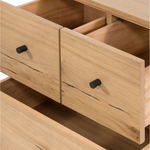 This Eaton Nightstand - Light Oak has a gorgeous, thick oak veneer with thin, iron legs. With one large drawer and two smaller drawers, this is the perfect nightstand to complete your bedroom.   Overall Dimensions: 23.50"w x 18.50"d x 26.00"h Colors: Dark Gunmetal, Light Oak Resin Materials: Iron, Thick Oak Veneer