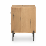 This Eaton Nightstand - Light Oak has a gorgeous, thick oak veneer with thin, iron legs. With one large drawer and two smaller drawers, this is the perfect nightstand to complete your bedroom.   Overall Dimensions: 23.50"w x 18.50"d x 26.00"h Colors: Dark Gunmetal, Light Oak Resin Materials: Iron, Thick Oak Veneer