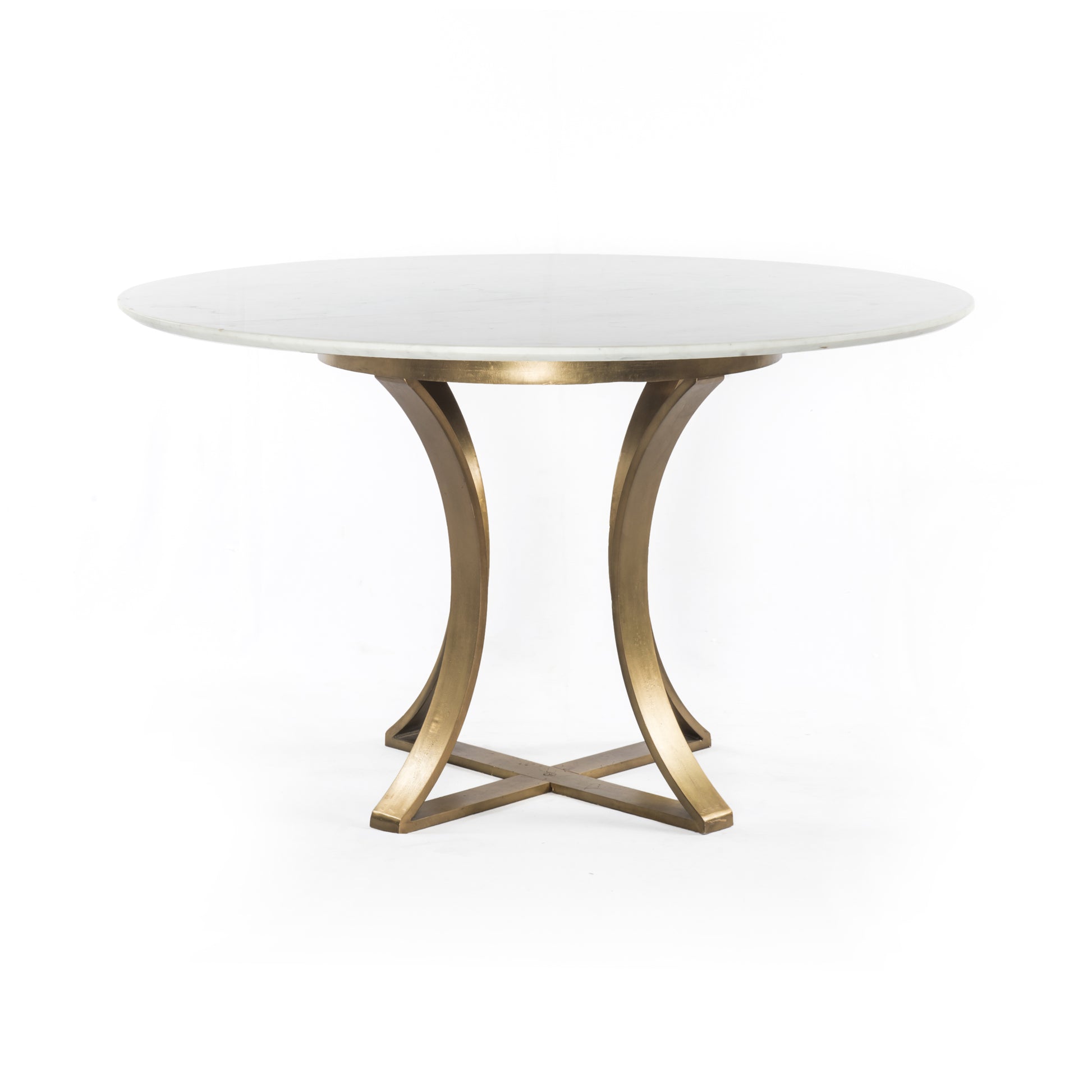 Sophisticated materials take a cue from modern geometry. Cast brass iron forms uniquely-curved angles to balance a contrasting polished white marble top. A refined spin on trend-forward design.  Dimensions: 48"w x 48"d x 30"h, or 60"w x 60"d x 30"h    Colors: Cast Brass, Polished White Marble Materials: Iron, Marble