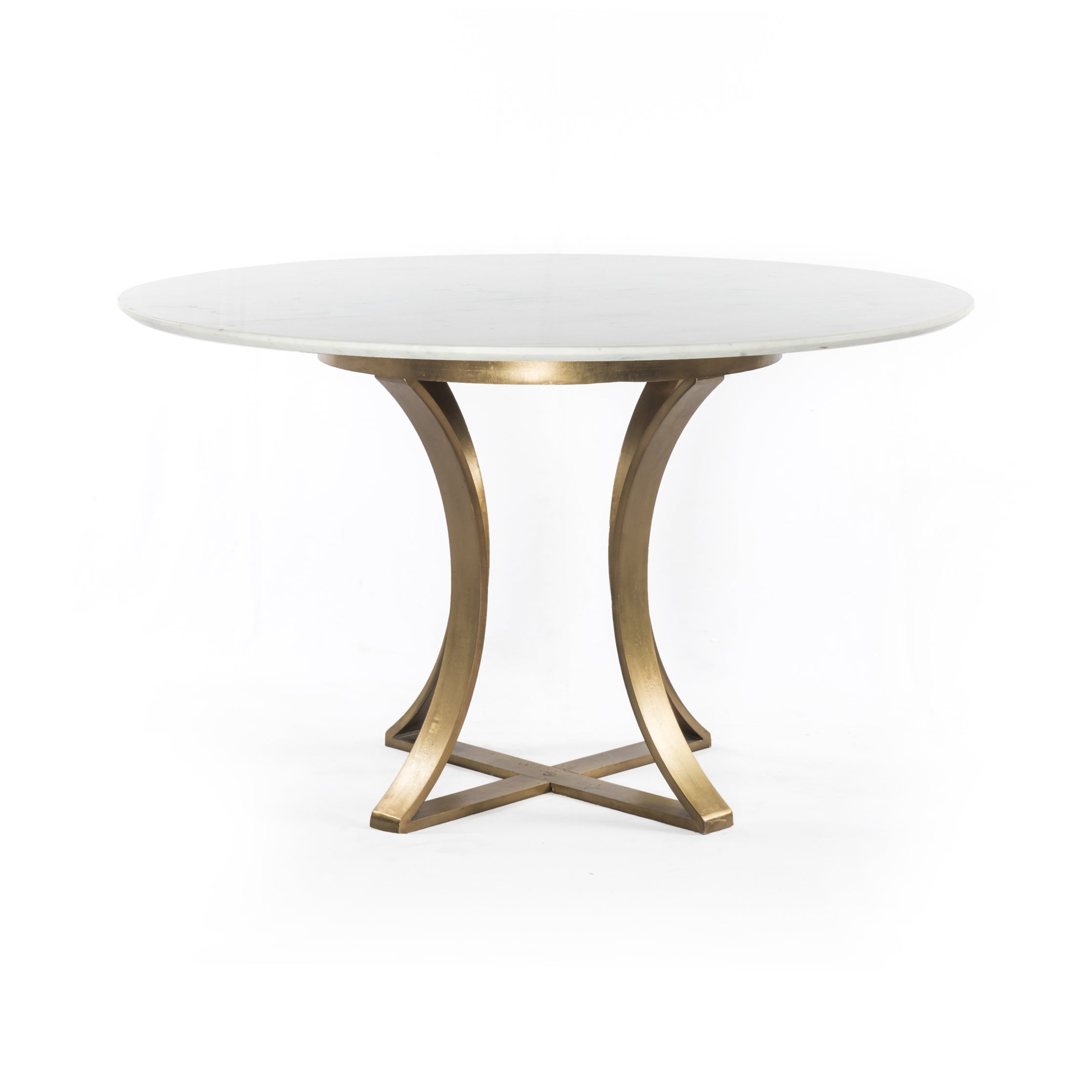 Sophisticated materials take a cue from modern geometry. Cast brass iron forms uniquely-curved angles to balance a contrasting polished white marble top. A refined spin on trend-forward design.  Dimensions: 48"w x 48"d x 30"h, or 60"w x 60"d x 30"h    Colors: Cast Brass, Polished White Marble Materials: Iron, Marble