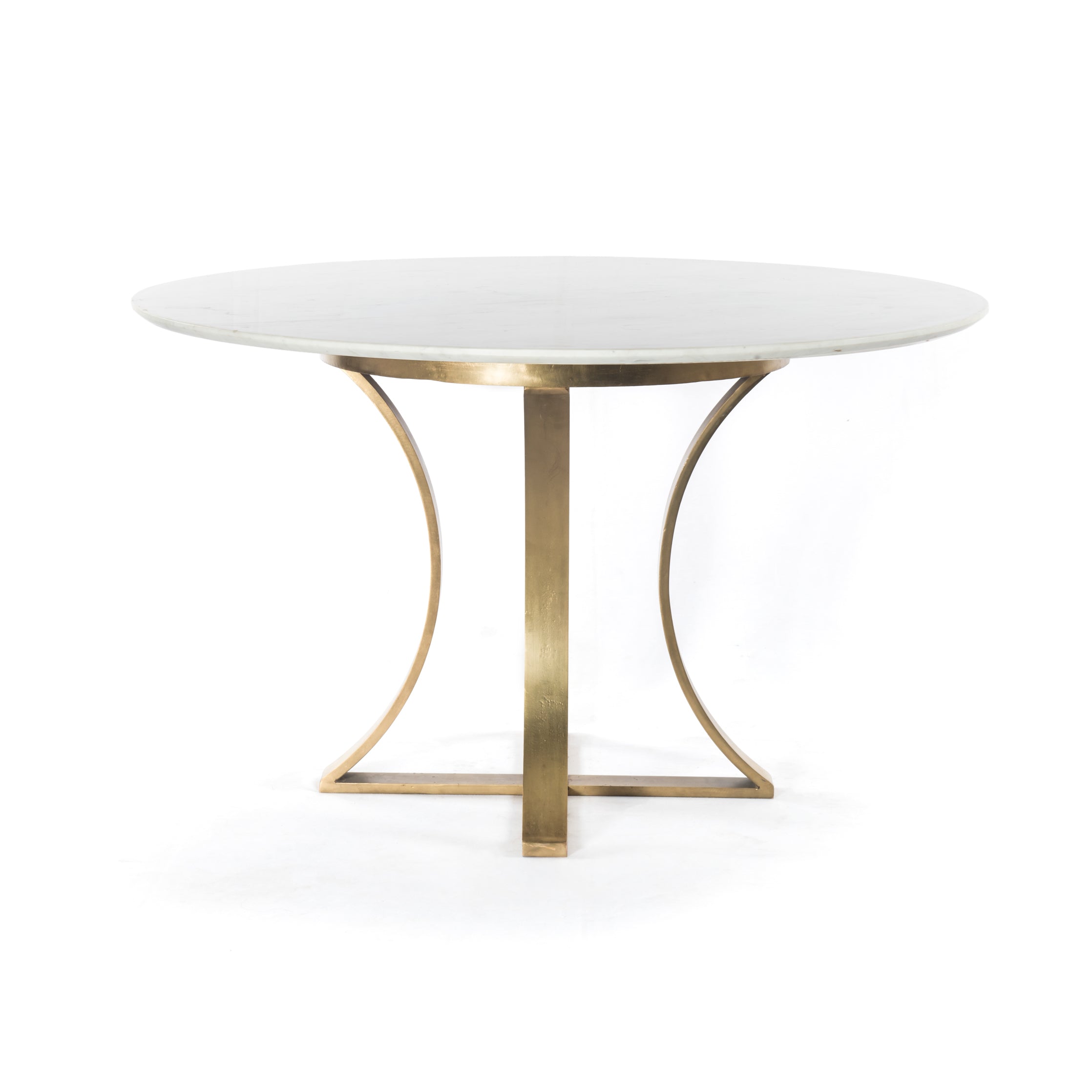 Sophisticated materials take a cue from modern geometry. Cast brass iron forms uniquely-curved angles to balance a contrasting polished white marble top. A refined spin on trend-forward design.  Dimensions: 48"w x 48"d x 30"h, or 60"w x 60"d x 30"h    Colors: Cast Brass, Polished White Marble Materials: Iron, Marble