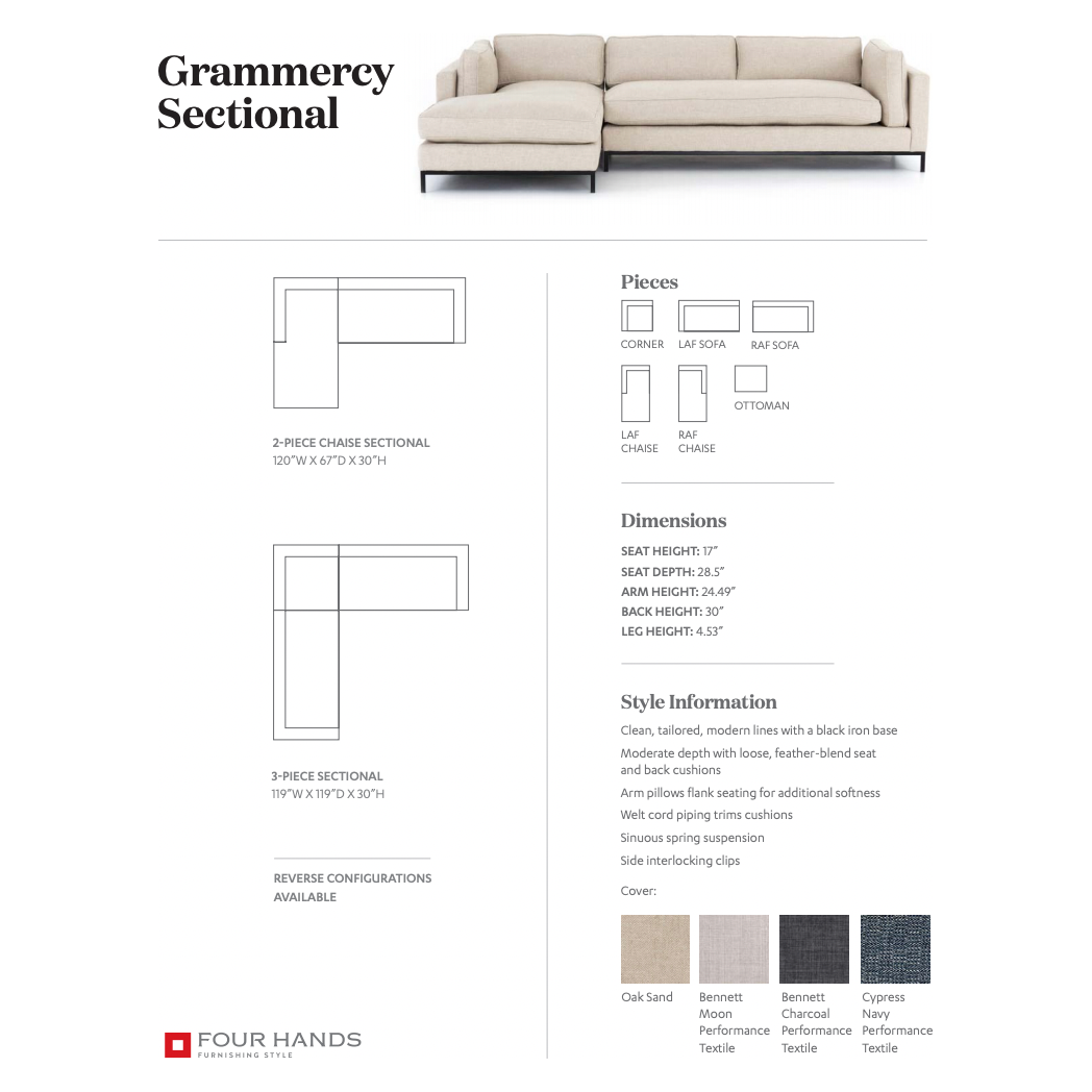 Flexible style, luxurious comfort and family-friendly upholstery. Clean, simple lines and a black iron base keep things casual and chic.  Overall Dimensions: 119.00"w x 119.00"d x 30.00"h