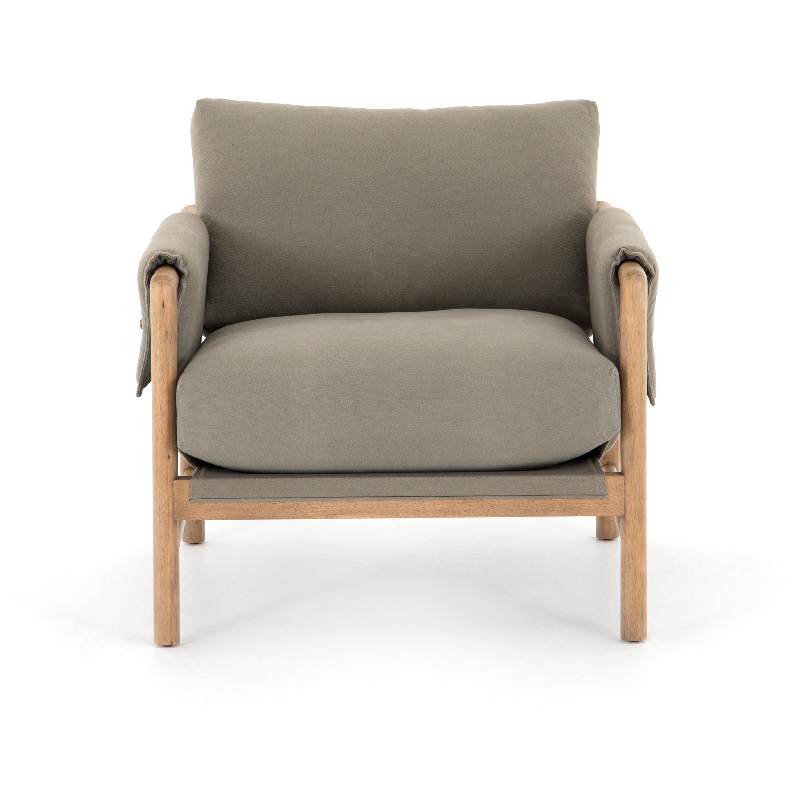 Details make this Harrison Chair - Villa Olive. With plush cotton-blend upholstery that wraps each arm, faux toggles add an element of interest to luxuriously comfortable mid-century-inspired seating in a light olive hue, with softly sculpted parawood framing carrying out a beautifully neutral look.  Overall Dimensions: 32.25"w x 34.75"d x 31.75"h