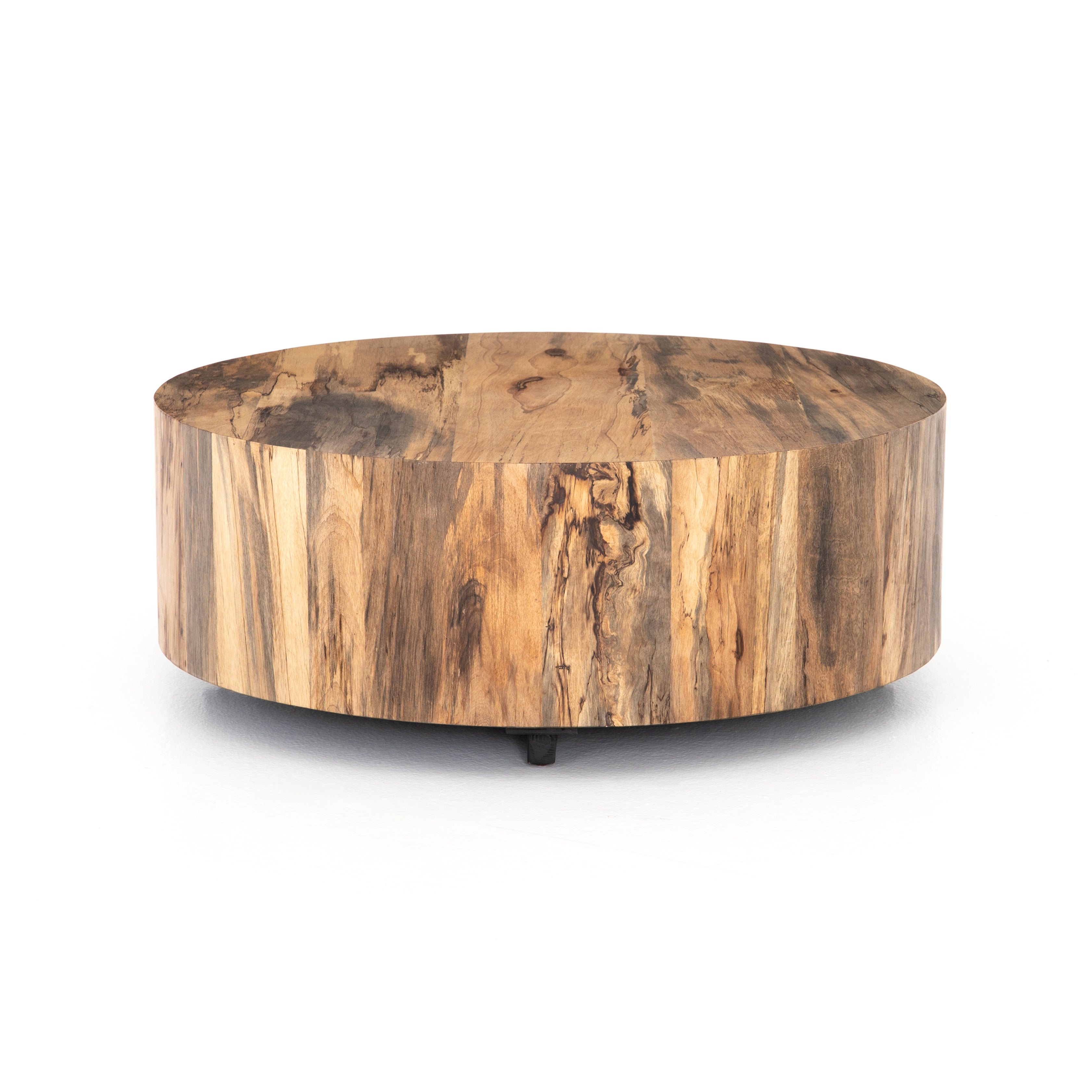 Stunning forces of nature are captured in the Hudson Spalted Primavera Coffee Table. We love how the spalted primavera wood is hand-shaped into a cylindrical silhouette. Reflective of woods' natural character, a slight color variance is possible.   Size: 40"w x 40"d x 15"h  Colors: Gunmetal, Spalted Primavera Materials: Iron, Primavera