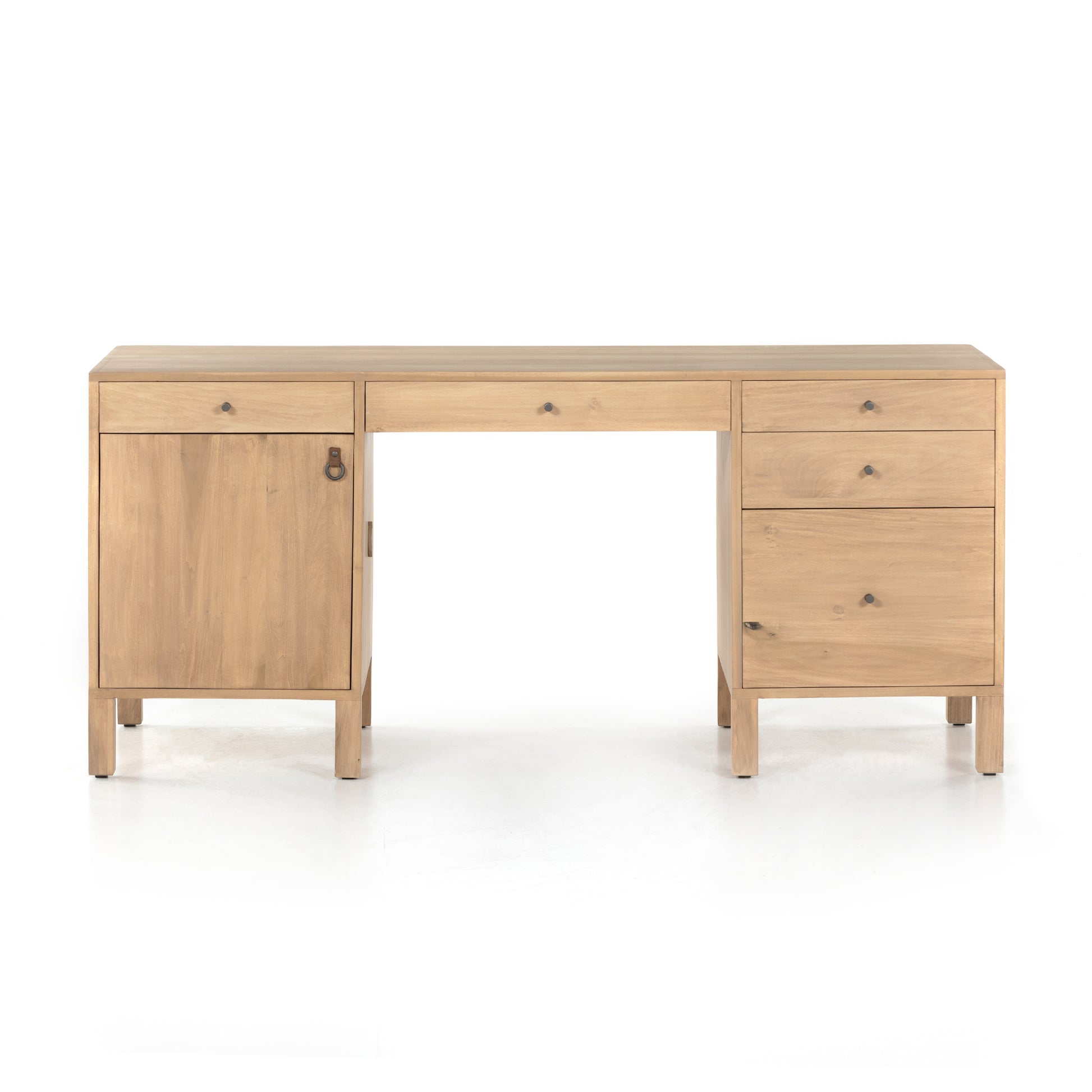 Solid dry-washed poplar forms a clean, Seventies-inspired Isador Executive Desk - Dry Wash Poplar with dovetail joinery plus iron and leather hardware, for a fresh, material-driven update to Shaker-like styling. Fully finished back grants the option to float desk anywhere in the room.  Overall Dimensions: 70.00"w x 27.00"d x 31.00"h
