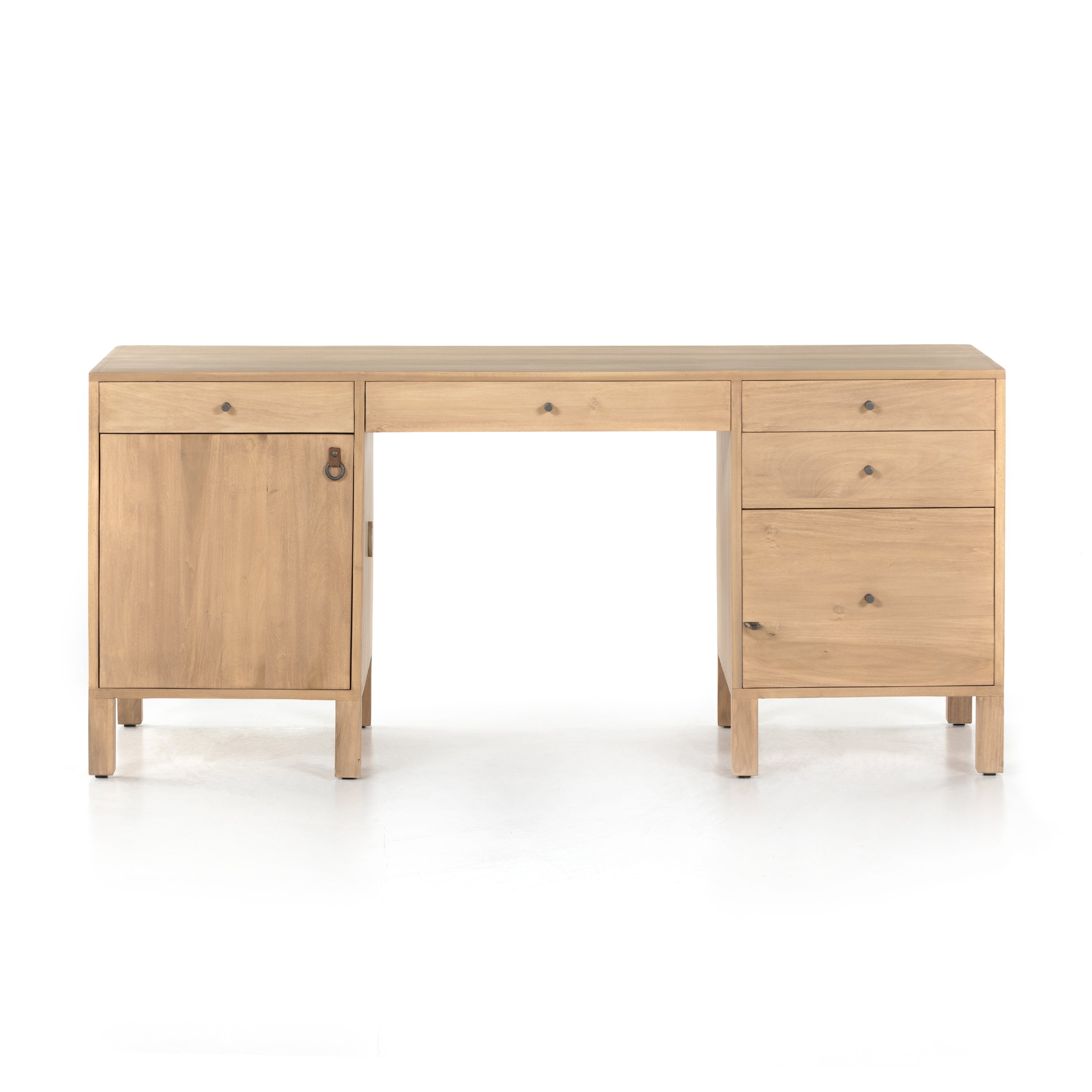 Solid dry-washed poplar forms a clean, Seventies-inspired Isador Executive Desk - Dry Wash Poplar with dovetail joinery plus iron and leather hardware, for a fresh, material-driven update to Shaker-like styling. Fully finished back grants the option to float desk anywhere in the room.  Overall Dimensions: 70.00"w x 27.00"d x 31.00"h