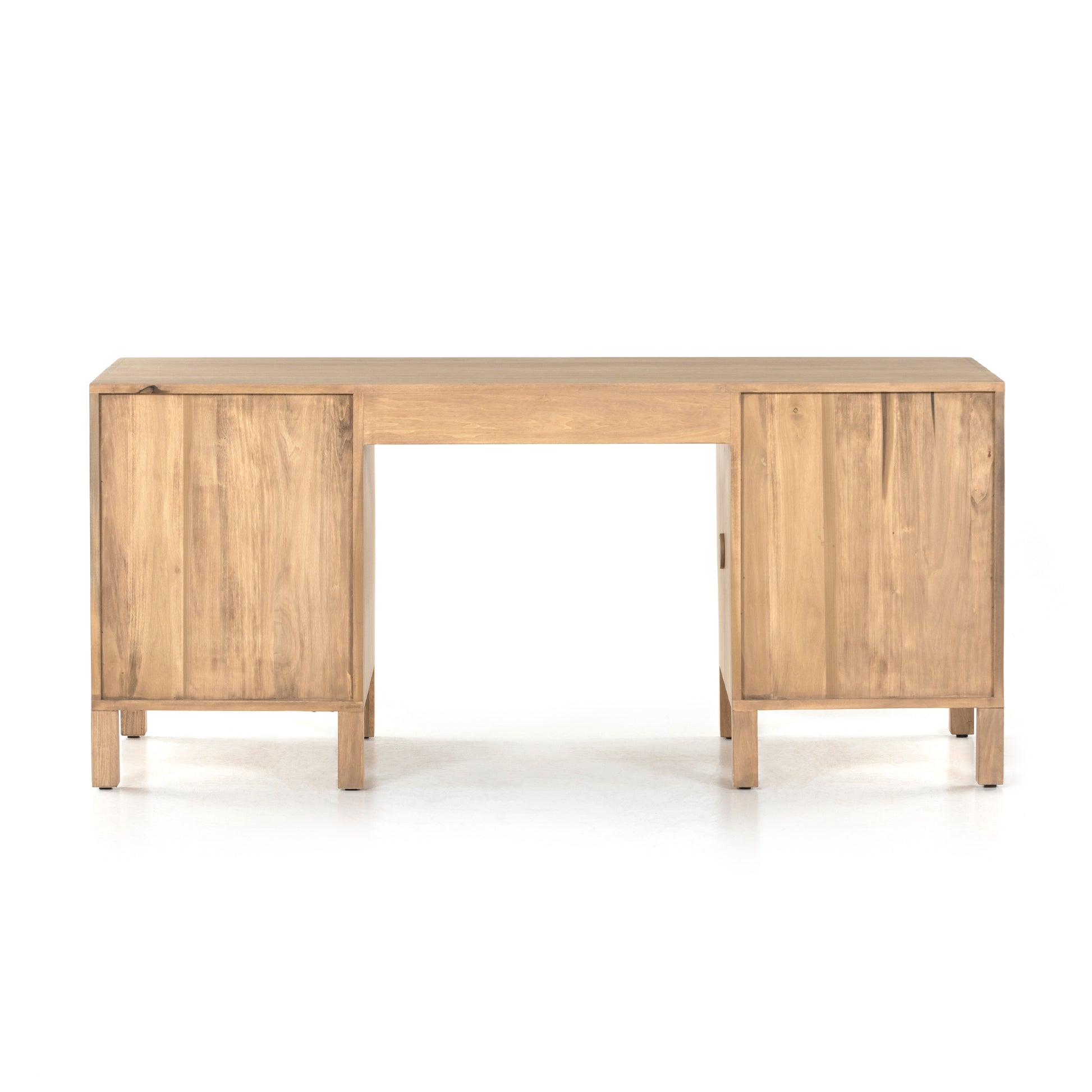Solid dry-washed poplar forms a clean, Seventies-inspired Isador Executive Desk - Dry Wash Poplar with dovetail joinery plus iron and leather hardware, for a fresh, material-driven update to Shaker-like styling. Fully finished back grants the option to float desk anywhere in the room.  Overall Dimensions: 70.00"w x 27.00"d x 31.00"h