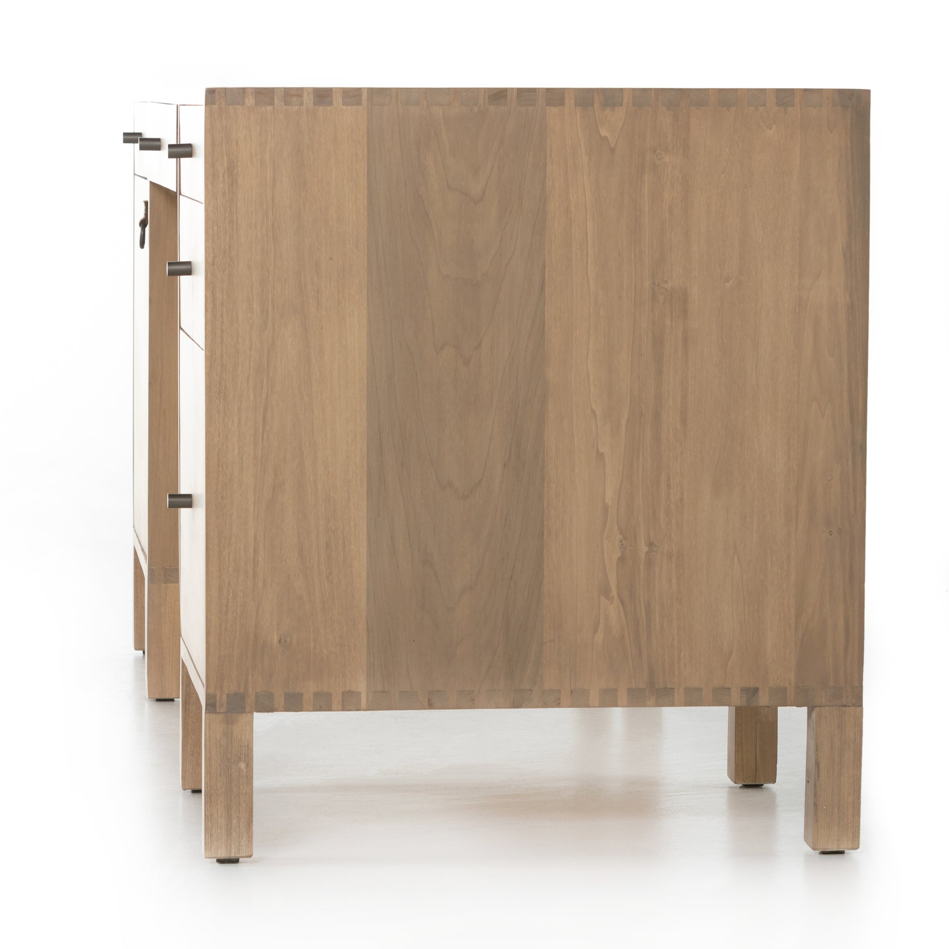 Solid dry-washed poplar forms a clean, Seventies-inspired Isador Executive Desk - Dry Wash Poplar with dovetail joinery plus iron and leather hardware, for a fresh, material-driven update to Shaker-like styling. Fully finished back grants the option to float desk anywhere in the room.  Overall Dimensions: 70.00"w x 27.00"d x 31.00"h