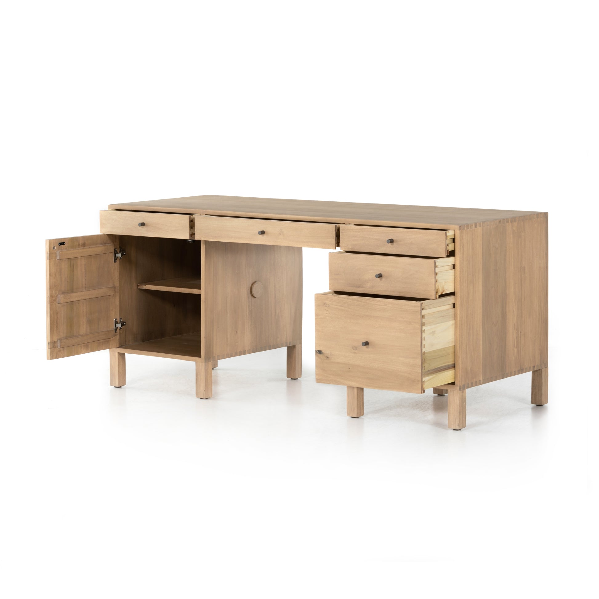 Solid dry-washed poplar forms a clean, Seventies-inspired Isador Executive Desk - Dry Wash Poplar with dovetail joinery plus iron and leather hardware, for a fresh, material-driven update to Shaker-like styling. Fully finished back grants the option to float desk anywhere in the room.  Overall Dimensions: 70.00"w x 27.00"d x 31.00"h