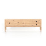 This Isador Nightstand - Dry Wash Poplar is clean, bright and dreamy. Solid dry-washed poplar forms a clean-lined media console with dovetail joinery plus iron and leather hardware, for a fresh look to any living room.  Ample shelving + rear cut outs for cord management brings this to the next level!  Overall Dimensions: 80.00"w x 19.00"d x 26.00"h