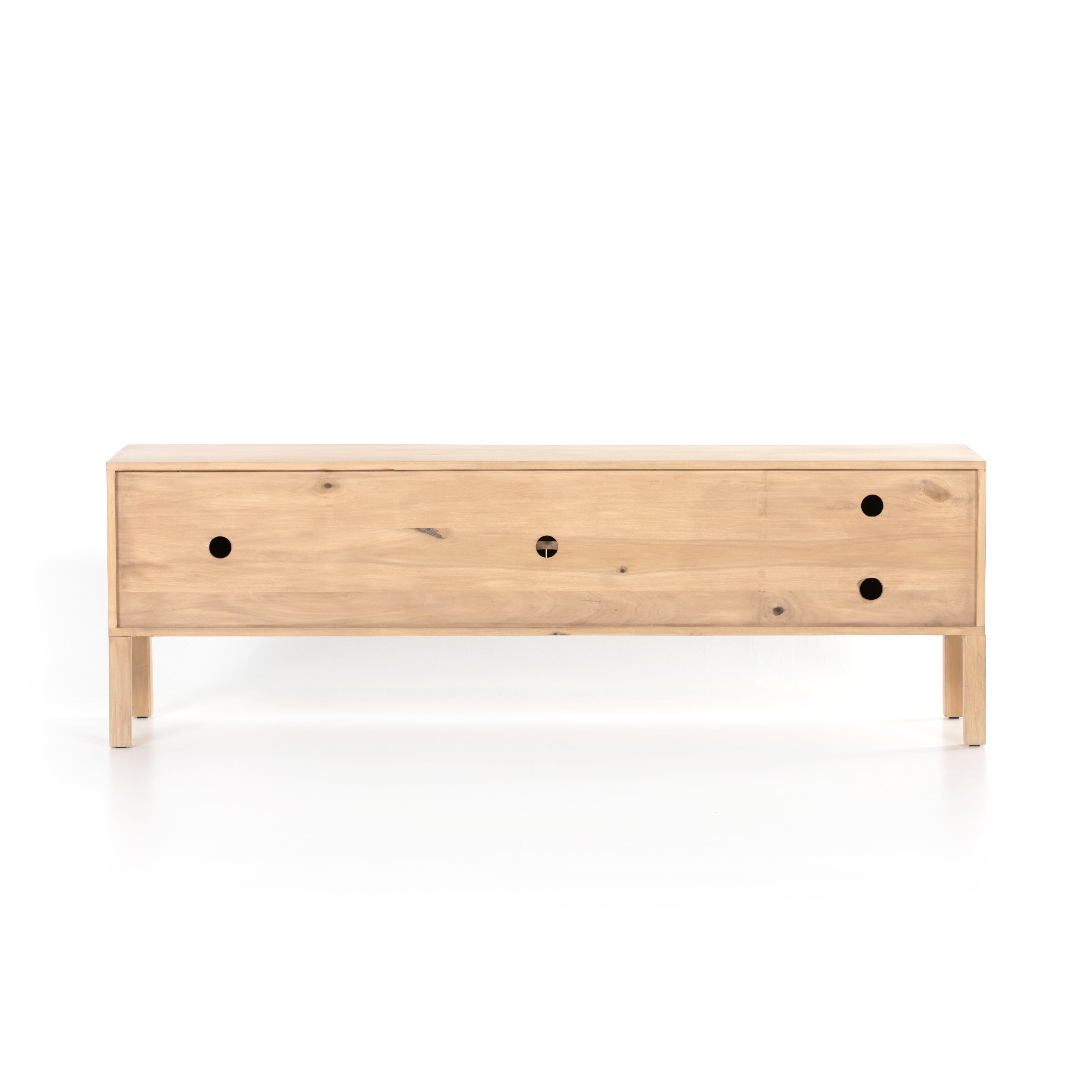 This Isador Nightstand - Dry Wash Poplar is clean, bright and dreamy. Solid dry-washed poplar forms a clean-lined media console with dovetail joinery plus iron and leather hardware, for a fresh look to any living room.  Ample shelving + rear cut outs for cord management brings this to the next level!  Overall Dimensions: 80.00"w x 19.00"d x 26.00"h