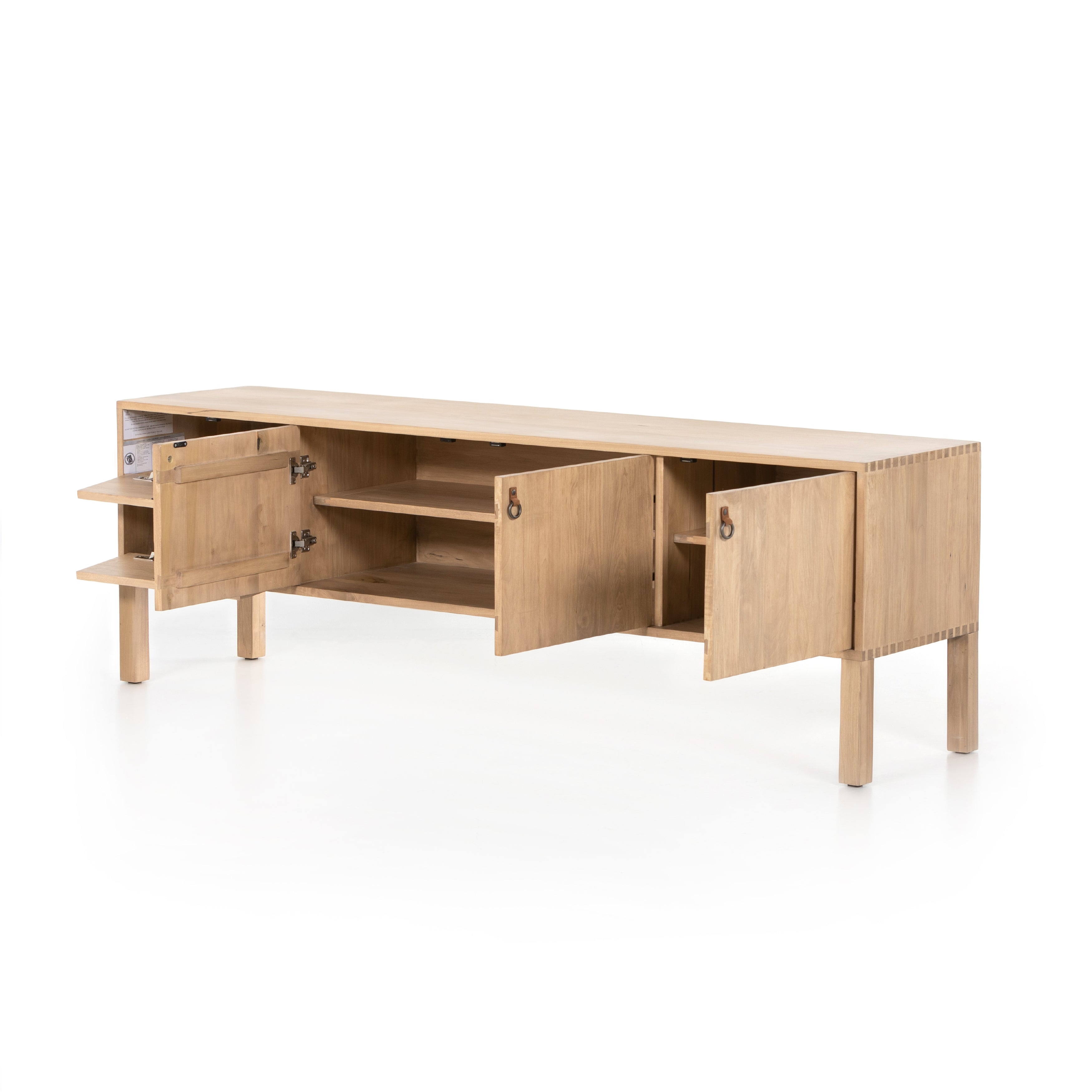 This Isador Nightstand - Dry Wash Poplar is clean, bright and dreamy. Solid dry-washed poplar forms a clean-lined media console with dovetail joinery plus iron and leather hardware, for a fresh look to any living room.  Ample shelving + rear cut outs for cord management brings this to the next level!  Overall Dimensions: 80.00"w x 19.00"d x 26.00"h