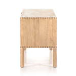 This Isador Nightstand - Dry Wash Poplar is clean, bright and dreamy. Solid dry-washed poplar forms a clean-lined media console with dovetail joinery plus iron and leather hardware, for a fresh look to any living room.  Ample shelving + rear cut outs for cord management brings this to the next level!  Overall Dimensions: 80.00"w x 19.00"d x 26.00"h