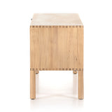 This Isador Nightstand - Dry Wash Poplar is clean, bright and dreamy. Solid dry-washed poplar forms a clean-lined media console with dovetail joinery plus iron and leather hardware, for a fresh look to any living room.  Ample shelving + rear cut outs for cord management brings this to the next level!  Overall Dimensions: 80.00"w x 19.00"d x 26.00"h