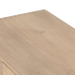 This Isador Nightstand - Dry Wash Poplar is clean, bright and dreamy. Solid dry-washed poplar forms a clean-lined media console with dovetail joinery plus iron and leather hardware, for a fresh look to any living room.  Ample shelving + rear cut outs for cord management brings this to the next level!  Overall Dimensions: 80.00"w x 19.00"d x 26.00"h