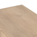 This Isador Nightstand - Dry Wash Poplar is clean, bright and dreamy. Solid dry-washed poplar forms a clean-lined media console with dovetail joinery plus iron and leather hardware, for a fresh look to any living room.  Ample shelving + rear cut outs for cord management brings this to the next level!  Overall Dimensions: 80.00"w x 19.00"d x 26.00"h