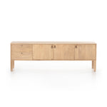 This Isador Nightstand - Dry Wash Poplar is clean, bright and dreamy. Solid dry-washed poplar forms a clean-lined media console with dovetail joinery plus iron and leather hardware, for a fresh look to any living room.  Ample shelving + rear cut outs for cord management brings this to the next level!  Overall Dimensions: 80.00"w x 19.00"d x 26.00"h