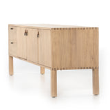 This Isador Nightstand - Dry Wash Poplar is clean, bright and dreamy. Solid dry-washed poplar forms a clean-lined media console with dovetail joinery plus iron and leather hardware, for a fresh look to any living room.  Ample shelving + rear cut outs for cord management brings this to the next level!  Overall Dimensions: 80.00"w x 19.00"d x 26.00"h