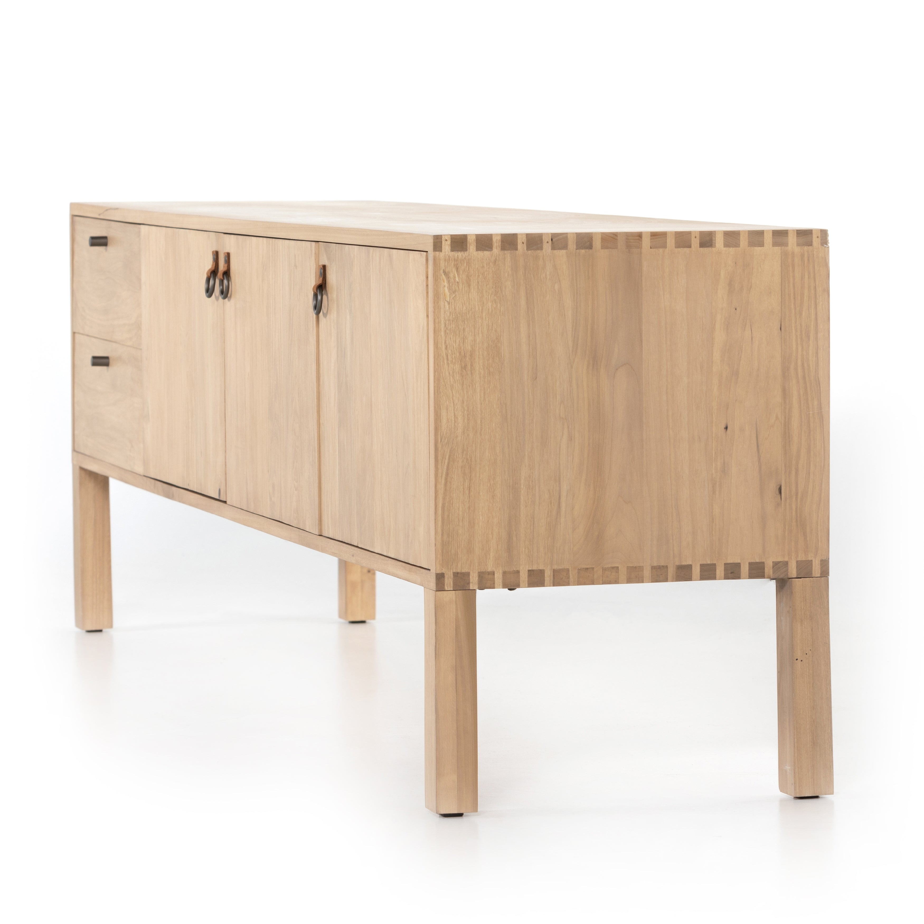 This Isador Nightstand - Dry Wash Poplar is clean, bright and dreamy. Solid dry-washed poplar forms a clean-lined media console with dovetail joinery plus iron and leather hardware, for a fresh look to any living room.  Ample shelving + rear cut outs for cord management brings this to the next level!  Overall Dimensions: 80.00"w x 19.00"d x 26.00"h