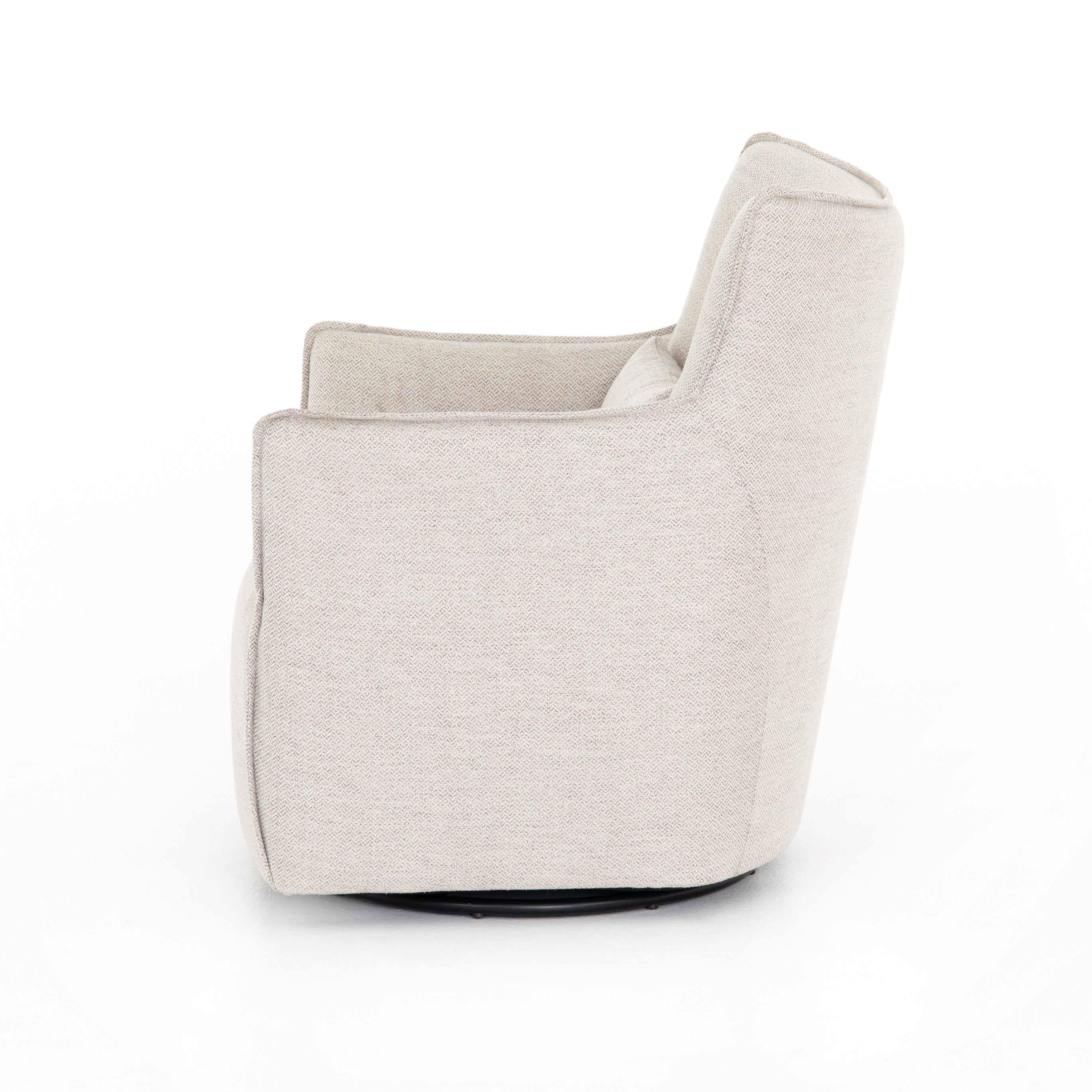 Expert tailoring on this Kimble Swivel - Noble Platinum creates a clean, sophisticated look, rich with come-hither comfort.  A tight sit and barrel shape is softened via flange seam detailing and swivel feature and finished off with a petite lumbar cushion, for the perfect mix of shape and function for any living room or baby room.   Overall Dimensions: 29.50"w x 31.50"d x 34.00"h