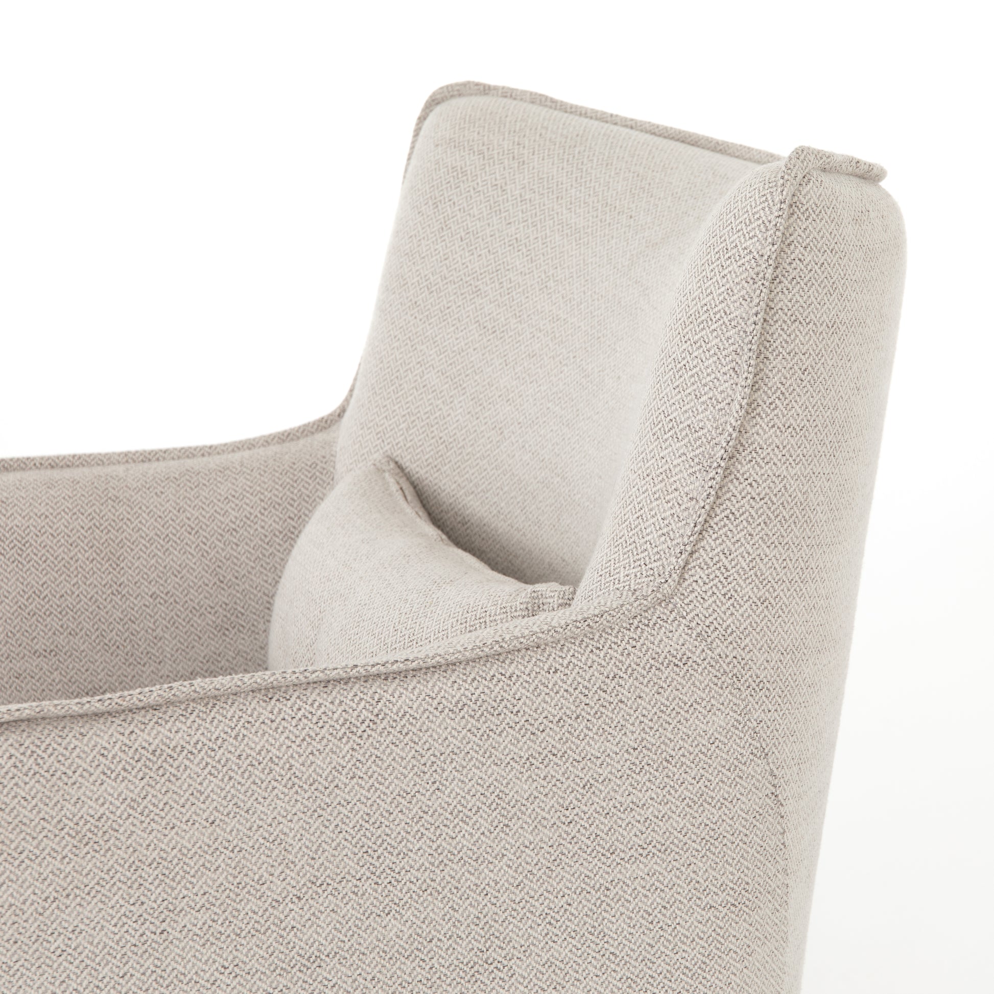 Expert tailoring on this Kimble Swivel - Noble Platinum creates a clean, sophisticated look, rich with come-hither comfort.  A tight sit and barrel shape is softened via flange seam detailing and swivel feature and finished off with a petite lumbar cushion, for the perfect mix of shape and function for any living room or baby room.   Overall Dimensions: 29.50"w x 31.50"d x 34.00"h