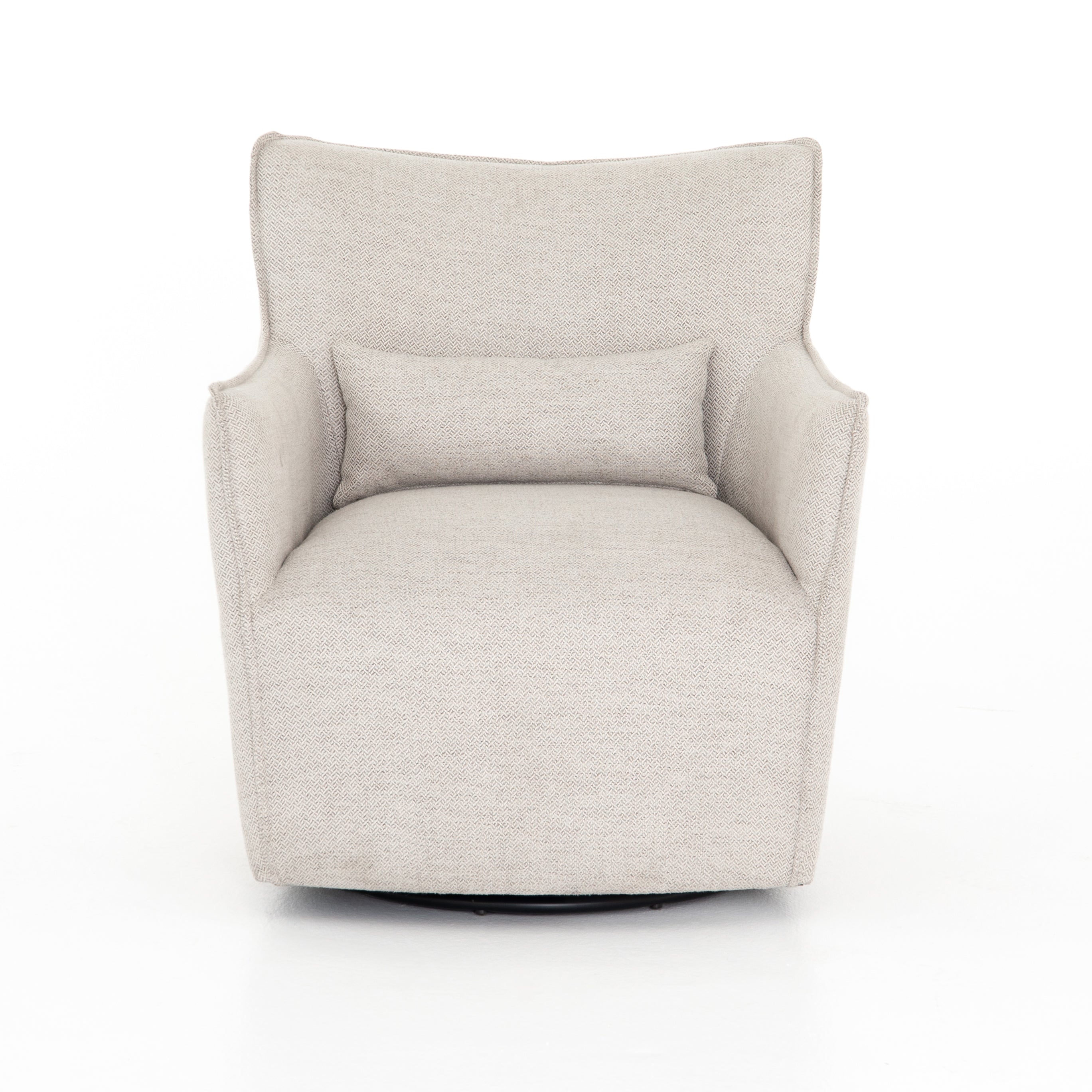 Expert tailoring on this Kimble Swivel - Noble Platinum creates a clean, sophisticated look, rich with come-hither comfort.  A tight sit and barrel shape is softened via flange seam detailing and swivel feature and finished off with a petite lumbar cushion, for the perfect mix of shape and function for any living room or baby room.   Overall Dimensions: 29.50"w x 31.50"d x 34.00"h