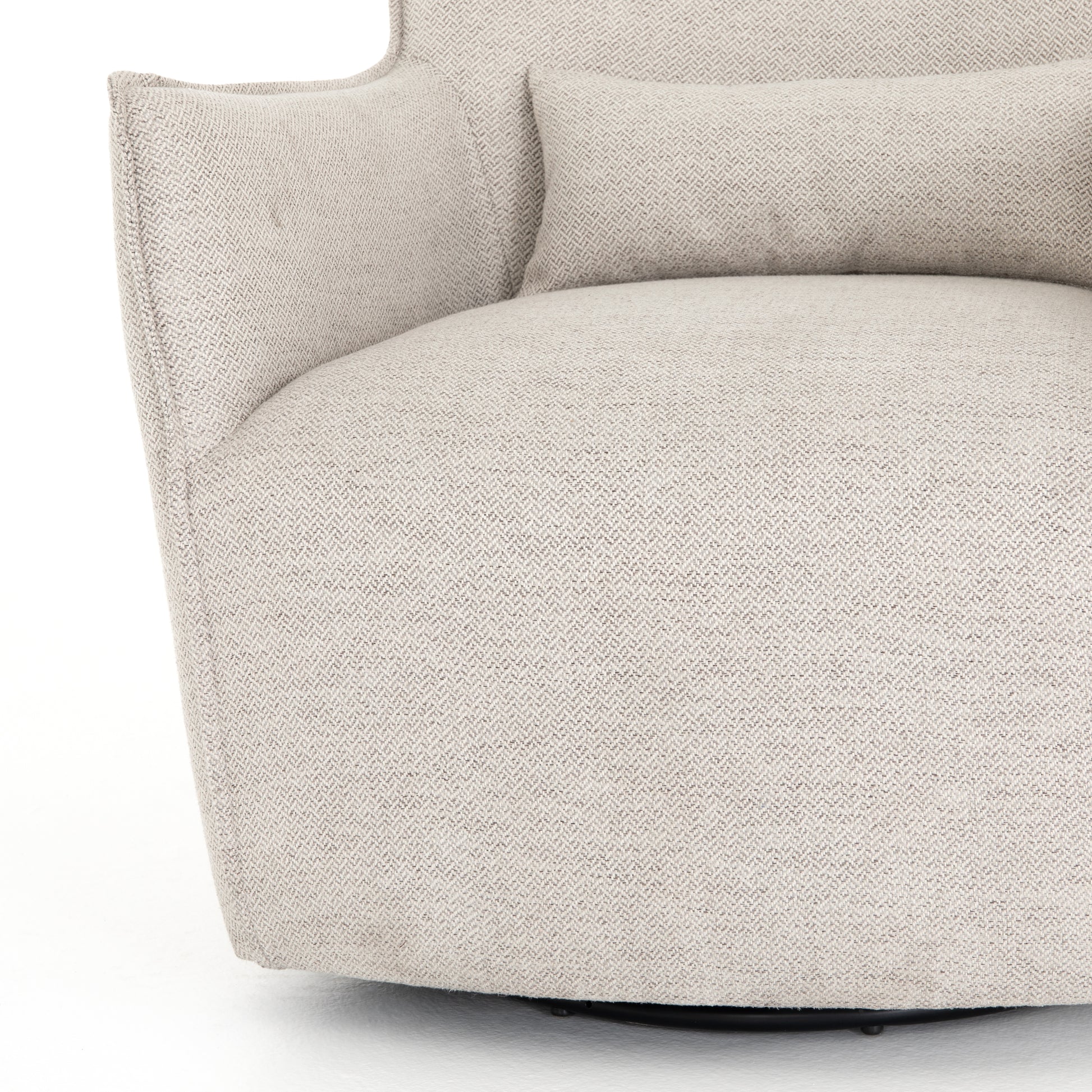 Expert tailoring on this Kimble Swivel - Noble Platinum creates a clean, sophisticated look, rich with come-hither comfort.  A tight sit and barrel shape is softened via flange seam detailing and swivel feature and finished off with a petite lumbar cushion, for the perfect mix of shape and function for any living room or baby room.   Overall Dimensions: 29.50"w x 31.50"d x 34.00"h