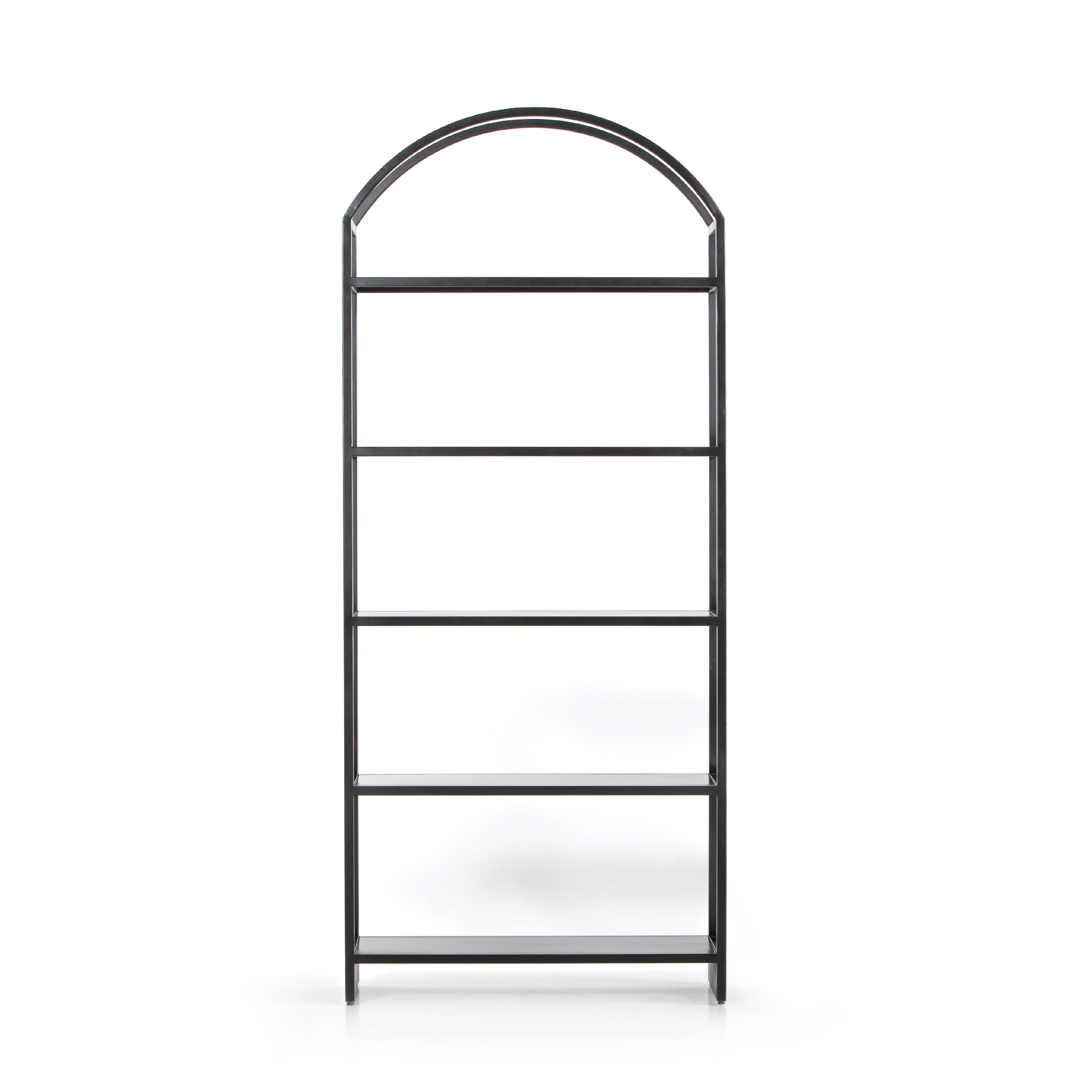 This Loomis Bookcase - Black is sleek, simple and beautifully on-trend. Black-finished iron forms an airy open frame, with an arched top for modernity in any office, living, or other space!  Overall Dimensions: 39.50"w x 15.75"d x 93.00"h