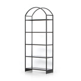 This Loomis Bookcase - Black is sleek, simple and beautifully on-trend. Black-finished iron forms an airy open frame, with an arched top for modernity in any office, living, or other space!  Overall Dimensions: 39.50"w x 15.75"d x 93.00"h
