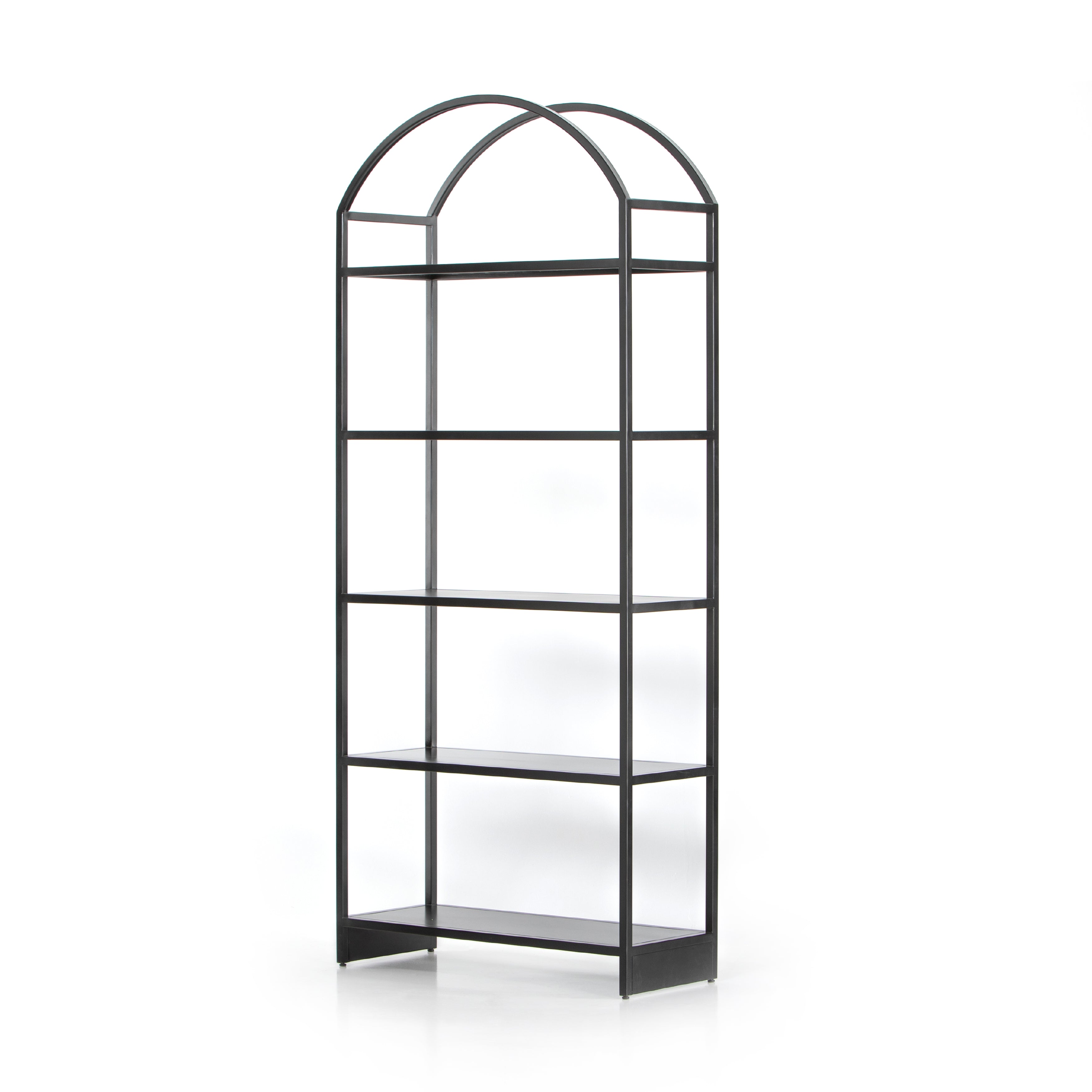 This Loomis Bookcase - Black is sleek, simple and beautifully on-trend. Black-finished iron forms an airy open frame, with an arched top for modernity in any office, living, or other space!  Overall Dimensions: 39.50"w x 15.75"d x 93.00"h