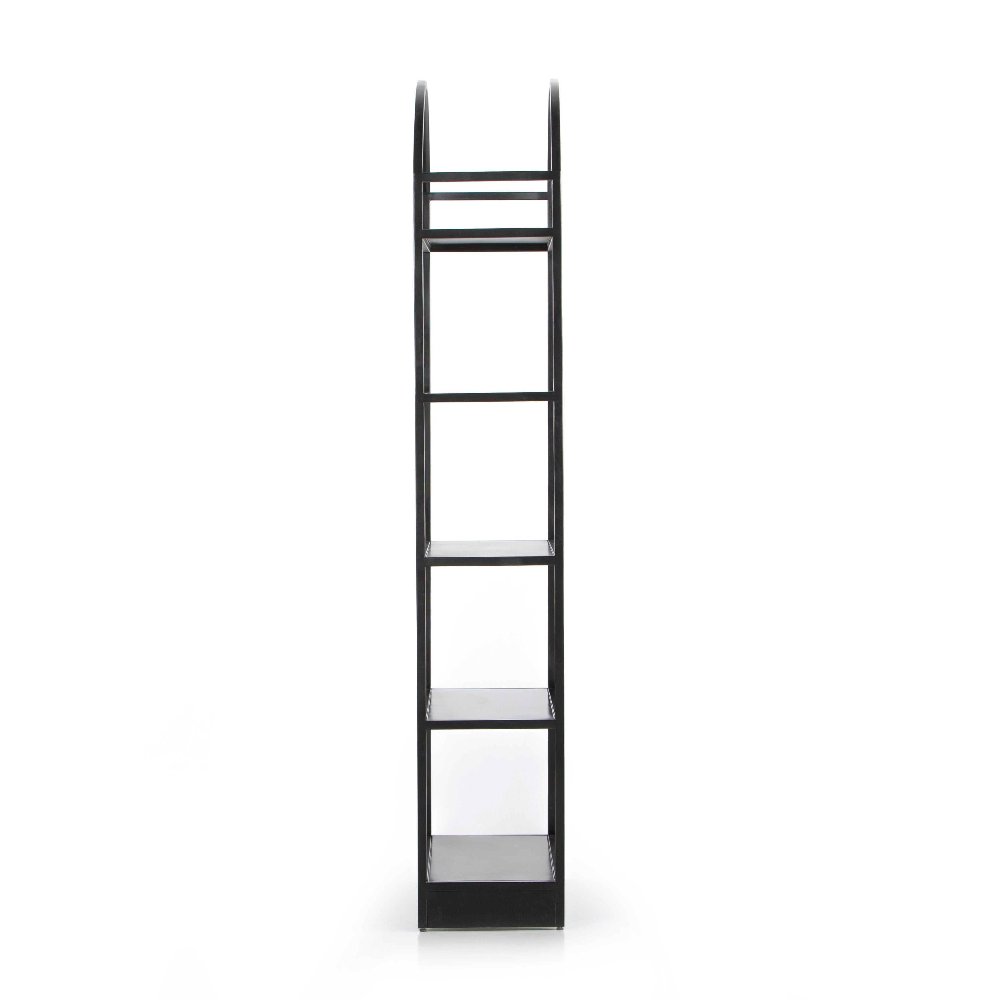 This Loomis Bookcase - Black is sleek, simple and beautifully on-trend. Black-finished iron forms an airy open frame, with an arched top for modernity in any office, living, or other space!  Overall Dimensions: 39.50"w x 15.75"d x 93.00"h