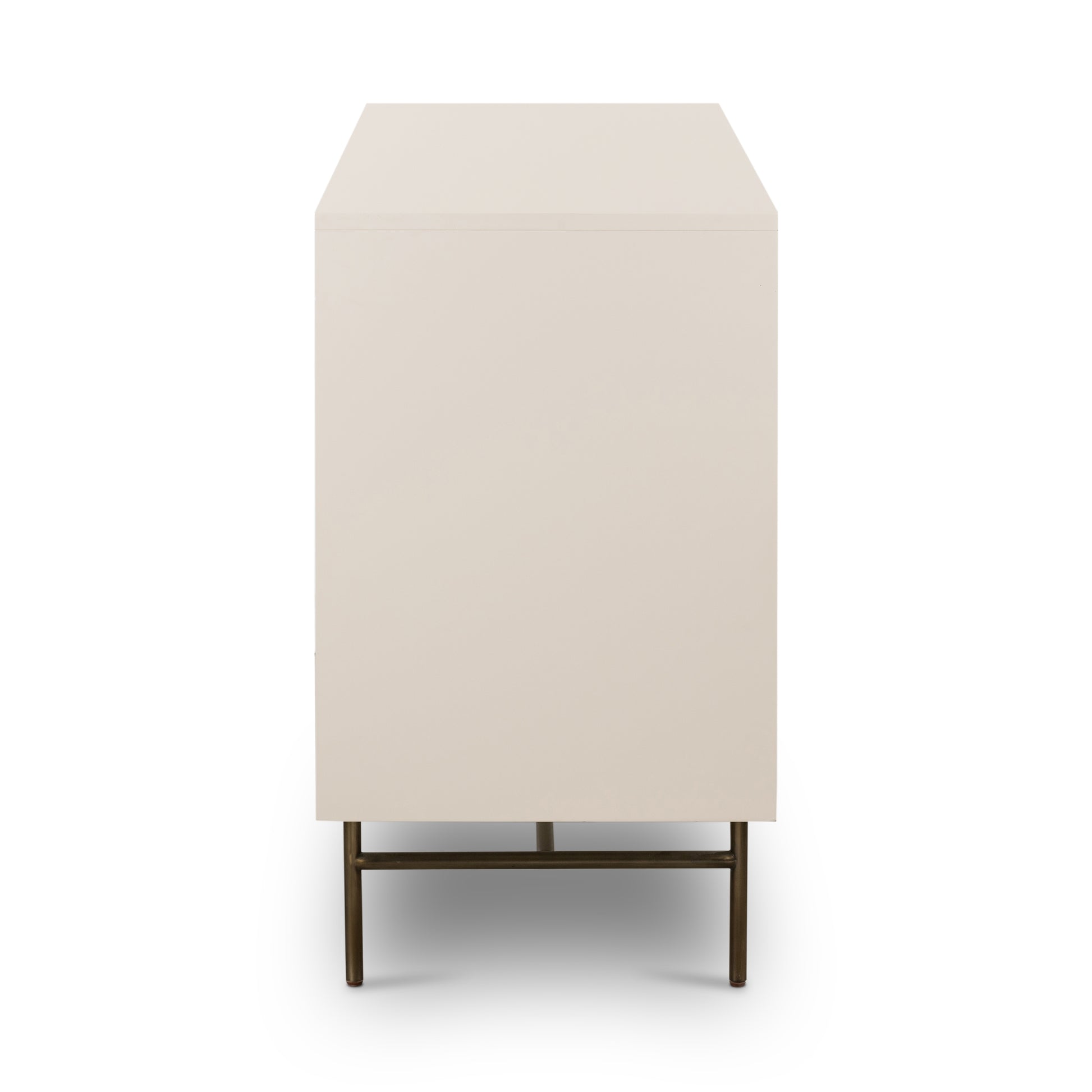 Bring a light look to bedroom styling with this Luella 6 Drawer Dresser - Matte Alabaster. A lacquered six-drawer dresser features woven cane panels and half-moon hardware finished in an aged brass for a beautiful + functional dresser in any bedroom!  Overall Dimensions: 64.00"w x 19.00"d x 33.50"h