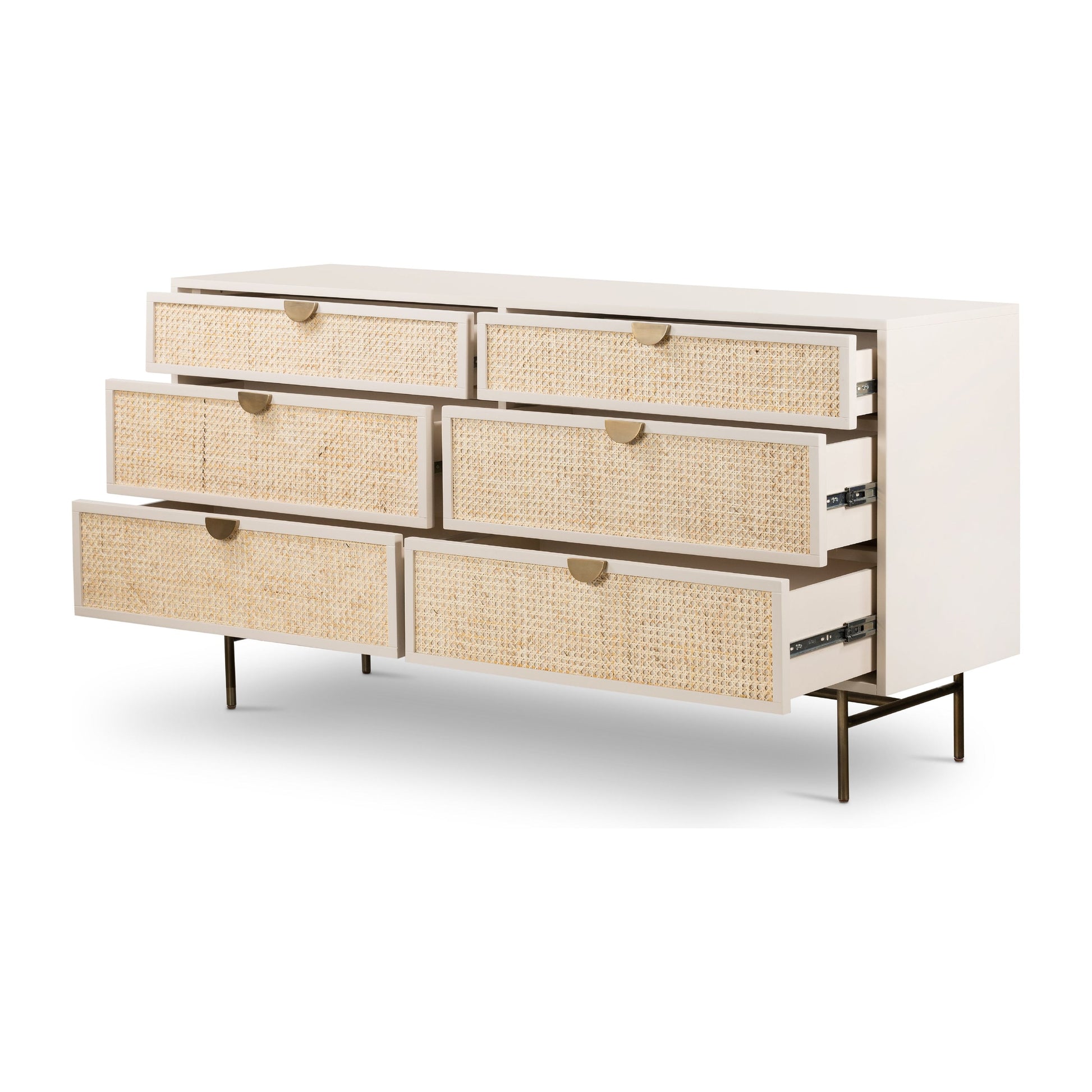 Bring a light look to bedroom styling with this Luella 6 Drawer Dresser - Matte Alabaster. A lacquered six-drawer dresser features woven cane panels and half-moon hardware finished in an aged brass for a beautiful + functional dresser in any bedroom!  Overall Dimensions: 64.00"w x 19.00"d x 33.50"h