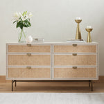 Featuring Luella 6 Drawer Dresser - Matte Alabaster by Four Hands at Amethyst Home. Bring a light look to bedroom styling with this Luella 6 Drawer Dresser - Matte Alabaster. A lacquered six-drawer dresser features woven cane panels and half-moon hardware finished in an aged brass for a beautiful + functional dresser in any bedroom!
Overall Dimensions: 64"W x .  Amethyst Home provides interior design, new home construction design consulting, vintage area rugs, and lighting in the Tampa metro area.