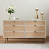 Featuring Luella 6 Drawer Dresser - Matte Alabaster by Four Hands at Amethyst Home. Bring a light look to bedroom styling with this Luella 6 Drawer Dresser - Matte Alabaster. A lacquered six-drawer dresser features woven cane panels and half-moon hardware finished in an aged brass for a beautiful + functional dresser in any bedroom!
Overall Dimensions: 64"W x .  Amethyst Home provides interior design, new home construction design consulting, vintage area rugs, and lighting in the Tampa metro area.