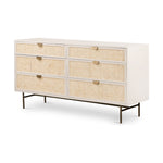 Featuring Luella 6 Drawer Dresser - Matte Alabaster by Four Hands at Amethyst Home. Bring a light look to bedroom styling with this Luella 6 Drawer Dresser - Matte Alabaster. A lacquered six-drawer dresser features woven cane panels and half-moon hardware finished in an aged brass for a beautiful + functional dresser in any bedroom!
Overall Dimensions: 64".  Amethyst Home provides interior design, new home construction design consulting, vintage area rugs, and lighting in the Park City metro area.