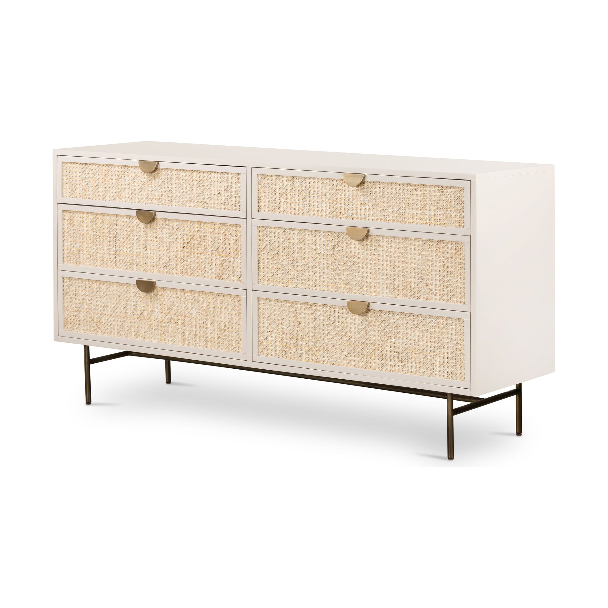 Bring a light look to bedroom styling with this Luella 6 Drawer Dresser - Matte Alabaster. A lacquered six-drawer dresser features woven cane panels and half-moon hardware finished in an aged brass for a beautiful + functional dresser in any bedroom!  Overall Dimensions: 64.00"w x 19.00"d x 33.50"h