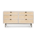 Featuring Luella 6 Drawer Dresser - Matte Alabaster by Four Hands at Amethyst Home. Bring a light look to bedroom styling with this Luella 6 Drawer Dresser - Matte Alabaster. A lacquered six-drawer dresser features woven cane panels and half-moon hardware finished in an aged brass for a beautiful + functional dresser in any bedroom!
Overall Dimensions: 64"W.  Amethyst Home provides interior design, new home construction design consulting, vintage area rugs, and lighting in the Monterey metro area.