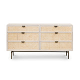 Featuring Luella 6 Drawer Dresser - Matte Alabaster by Four Hands at Amethyst Home. Bring a light look to bedroom styling with this Luella 6 Drawer Dresser - Matte Alabaster. A lacquered six-drawer dresser features woven cane panels and half-moon hardware finished in an aged brass for a beautiful + functional dresser in any bedroom!
Overall Dimensions: 64"W.  Amethyst Home provides interior design, new home construction design consulting, vintage area rugs, and lighting in the Monterey metro area.