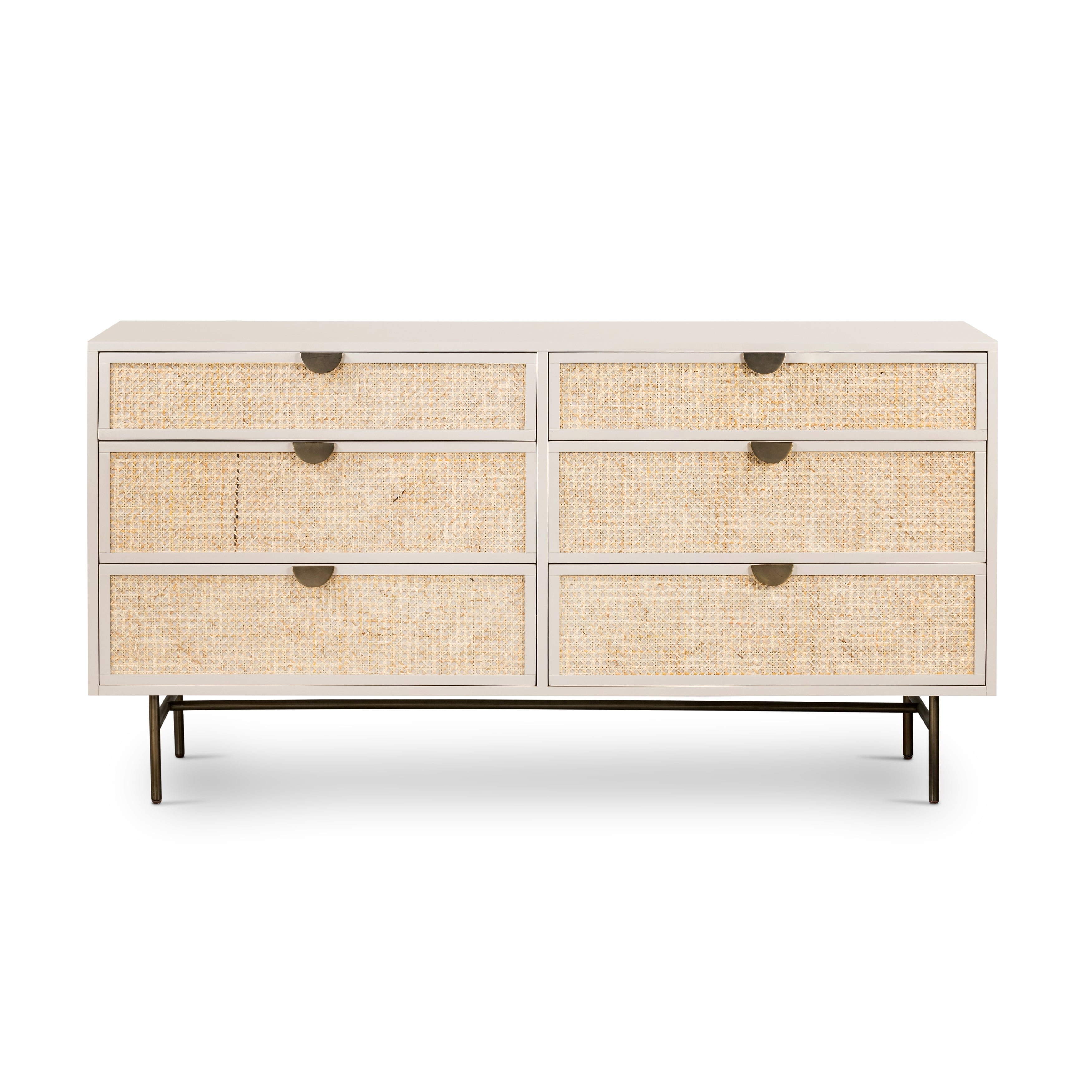 Bring a light look to bedroom styling with this Luella 6 Drawer Dresser - Matte Alabaster. A lacquered six-drawer dresser features woven cane panels and half-moon hardware finished in an aged brass for a beautiful + functional dresser in any bedroom!  Overall Dimensions: 64.00"w x 19.00"d x 33.50"h