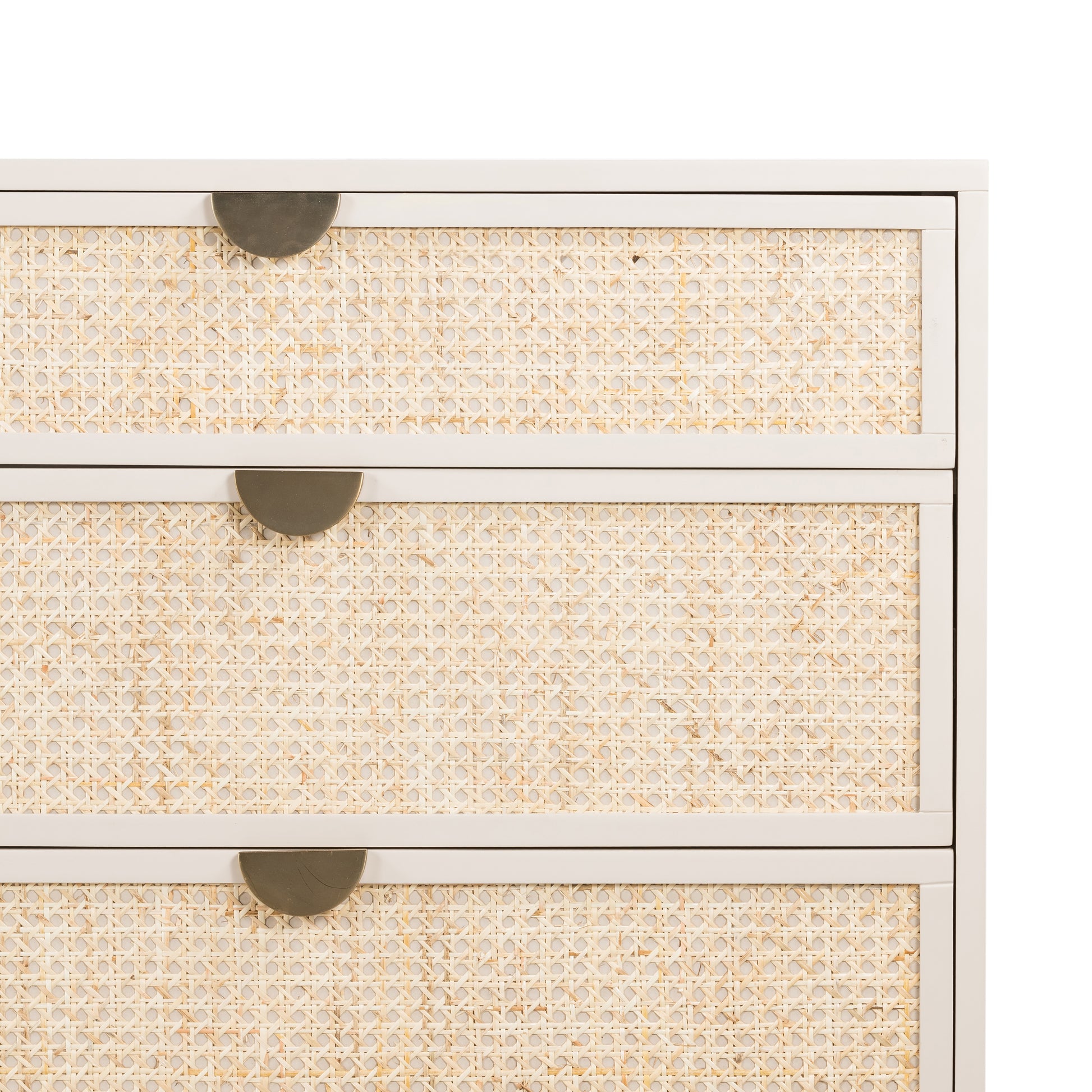 Bring a light look to bedroom styling with this Luella 6 Drawer Dresser - Matte Alabaster. A lacquered six-drawer dresser features woven cane panels and half-moon hardware finished in an aged brass for a beautiful + functional dresser in any bedroom!  Overall Dimensions: 64.00"w x 19.00"d x 33.50"h