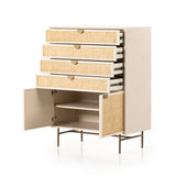 Featuring Luella Tall Dresser - Matte Alabaster by Four Hands at Amethyst Home. Bring a light look to bedroom styling with this Luella Tall Dresser - Matte Alabaster. A tall, lacquered dresser features woven cane panels and half-moon hardware finished in an aged brass. Four drawers plus cabinetry with interior shelving for generous storage space for any be.  Amethyst Home provides interior design, new home construction design consulting, vintage area rugs, and lighting in the Calabasas metro area.