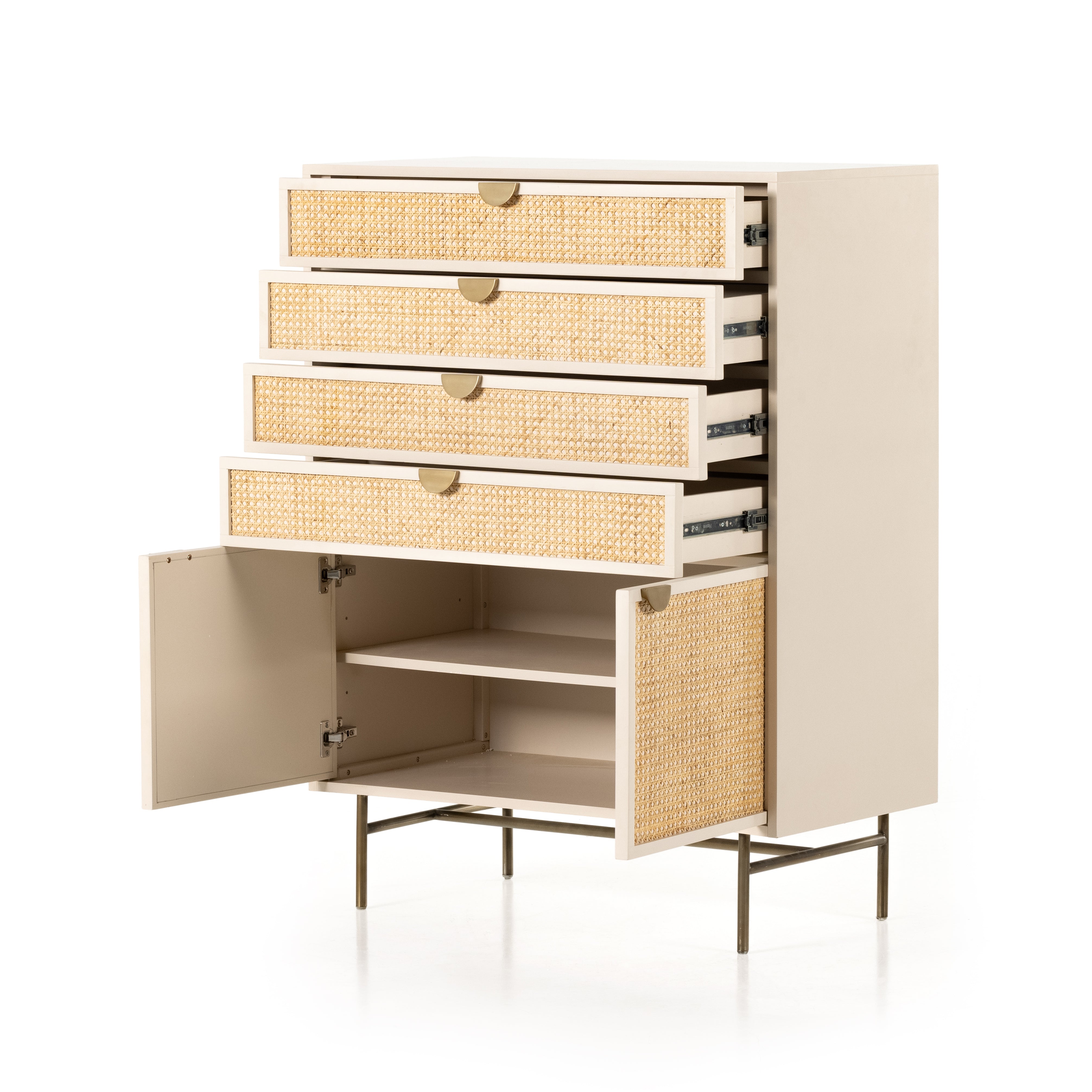 Featuring Luella Tall Dresser - Matte Alabaster by Four Hands at Amethyst Home. Bring a light look to bedroom styling with this Luella Tall Dresser - Matte Alabaster. A tall, lacquered dresser features woven cane panels and half-moon hardware finished in an aged brass. Four drawers plus cabinetry with interior shelving for generous storage space for any be.  Amethyst Home provides interior design, new home construction design consulting, vintage area rugs, and lighting in the Calabasas metro area.