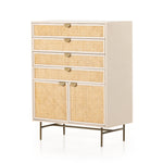 Featuring Luella Tall Dresser - Matte Alabaster by Four Hands at Amethyst Home. Bring a light look to bedroom styling with this Luella Tall Dresser - Matte Alabaster. A tall, lacquered dresser features woven cane panels and half-moon hardware finished in an aged brass. Four drawers plus cabinetry with interior shelving for generous storage space for any b.  Amethyst Home provides interior design, new home construction design consulting, vintage area rugs, and lighting in the Des Moines metro area.